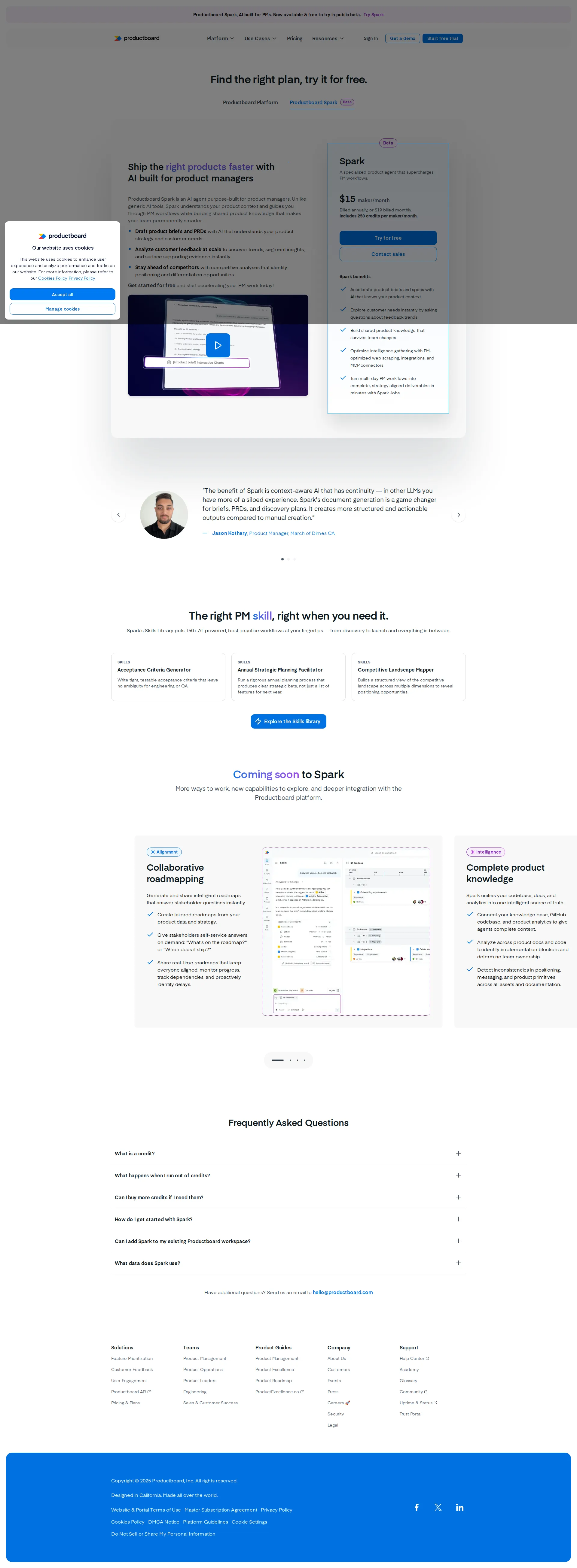 Productboard Pro pricing page screenshot