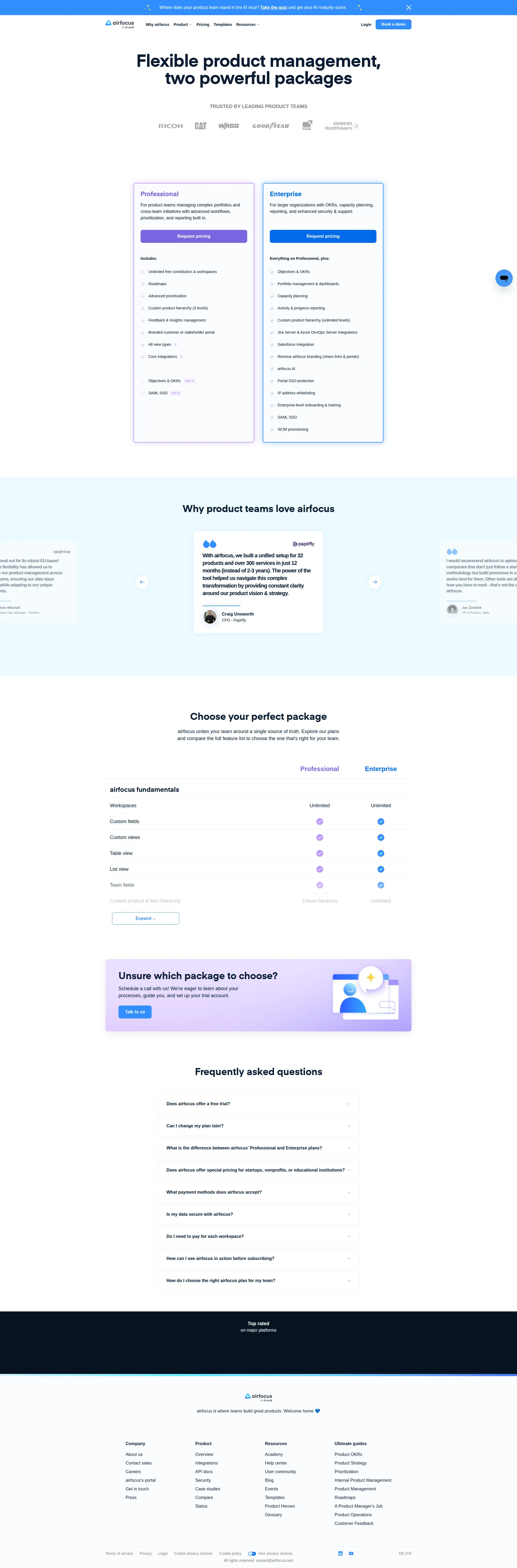 Airfocus PM pricing page screenshot
