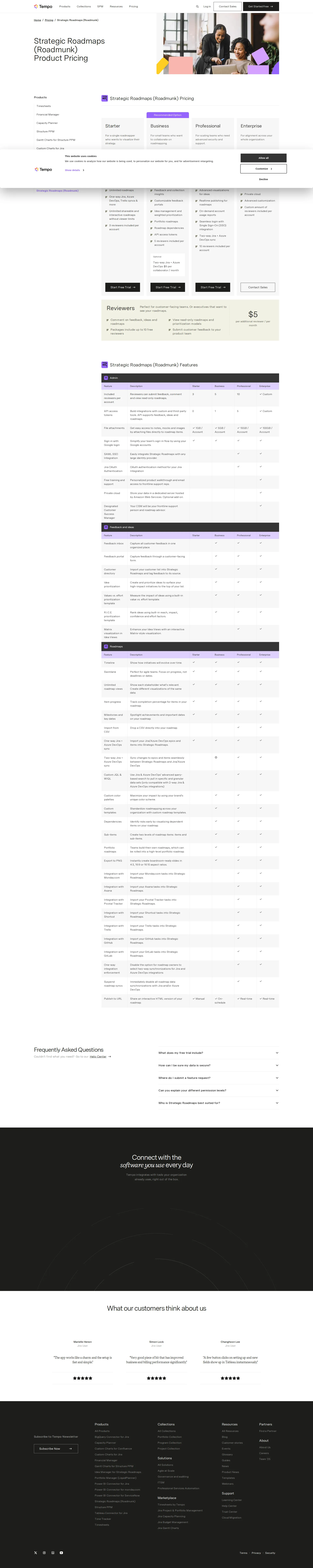 Roadmunk Pro pricing page screenshot