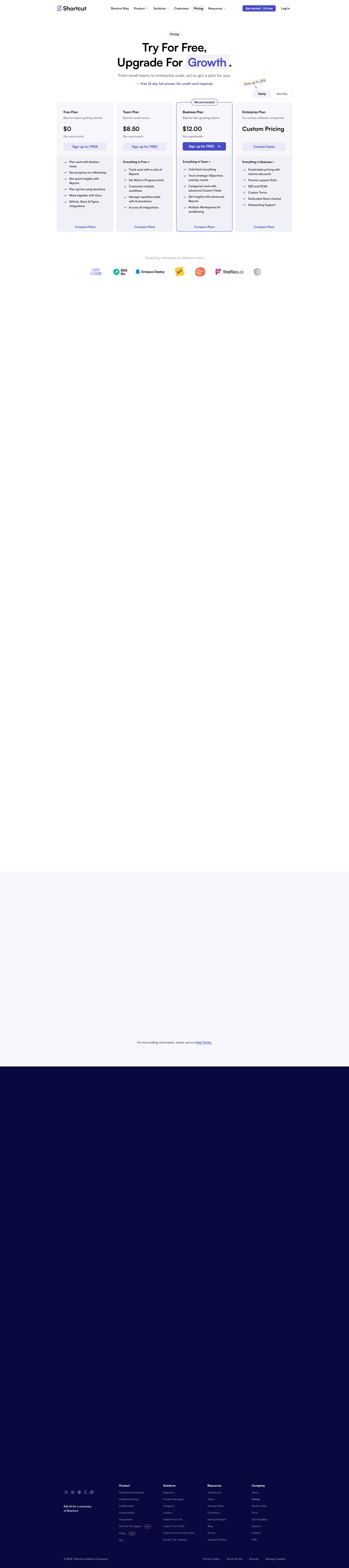 Shortcut PM pricing page screenshot