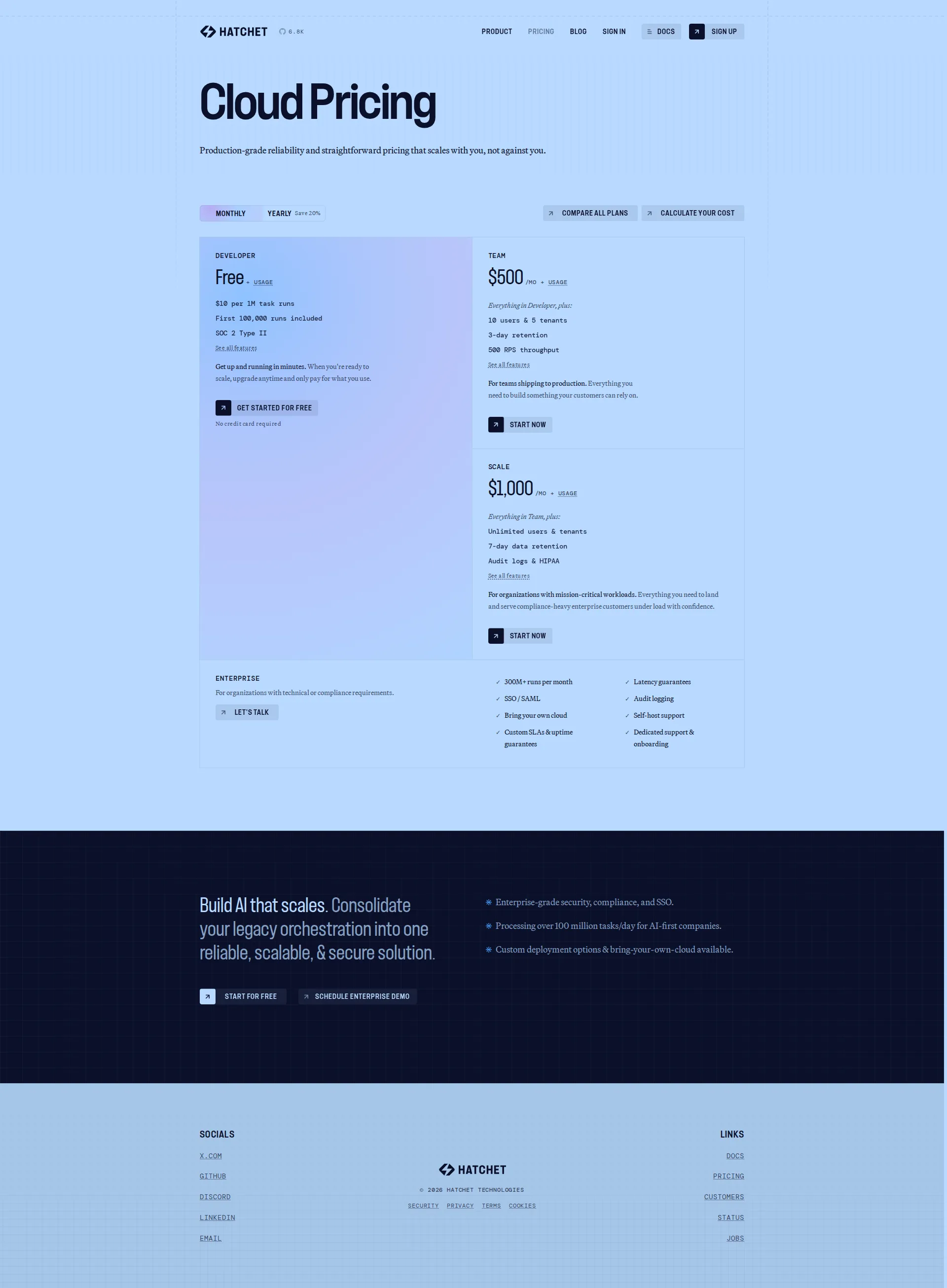 Hatchet pricing page screenshot