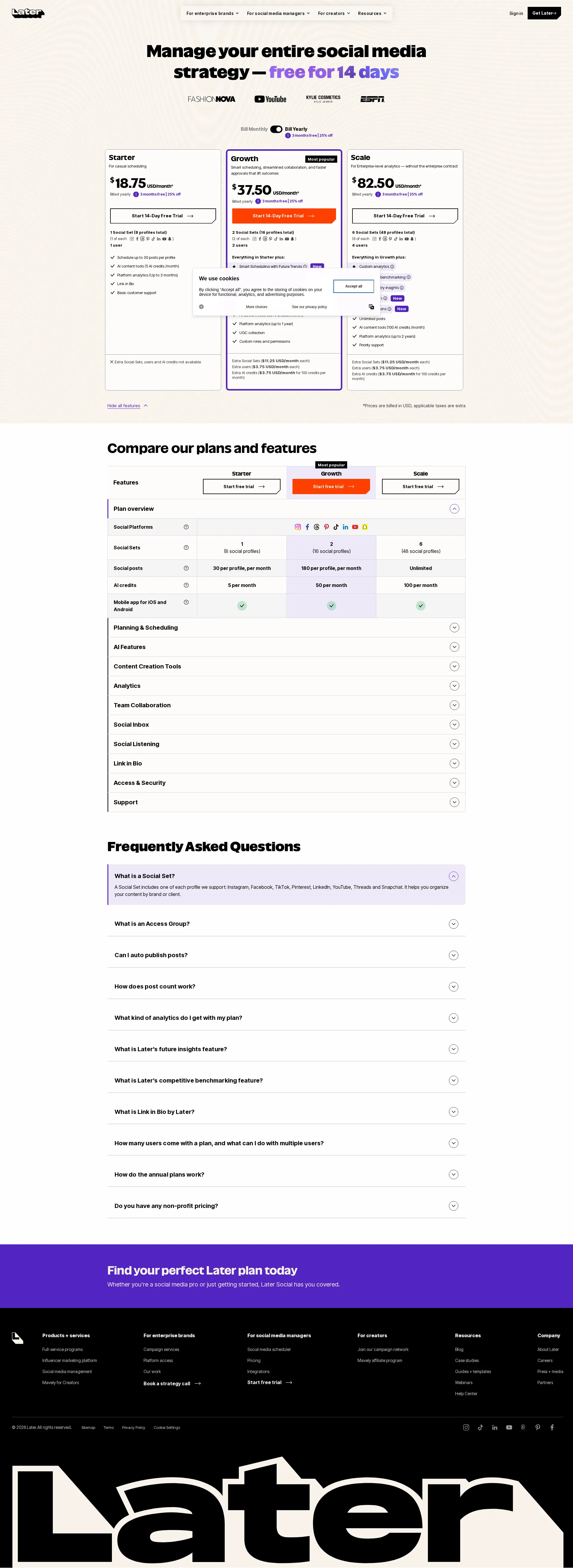 Later pricing page screenshot