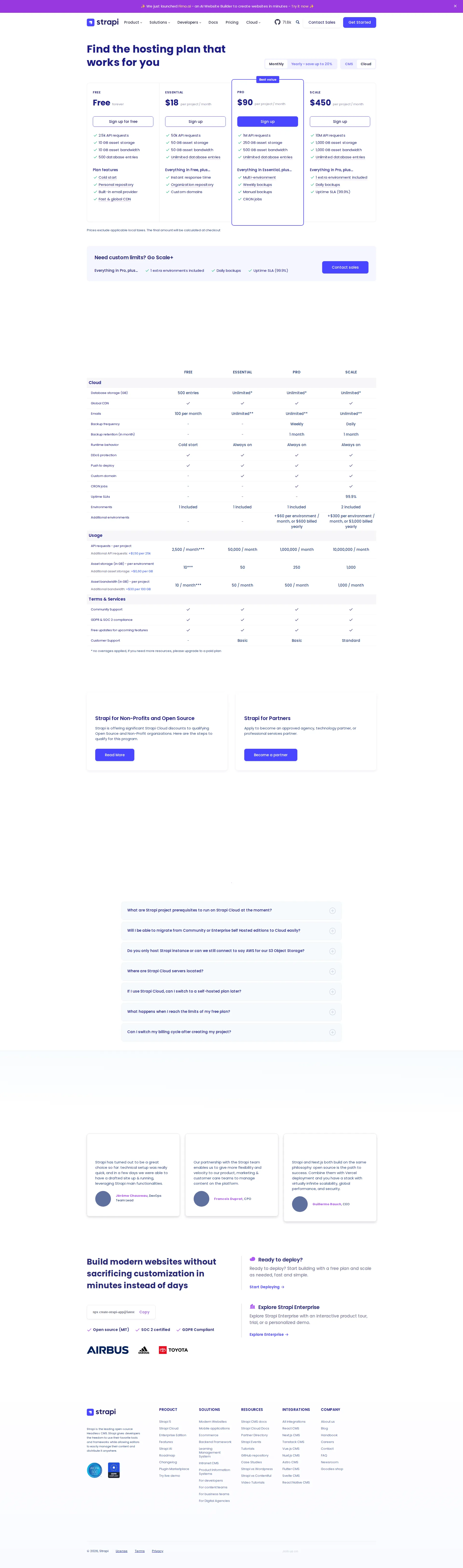 Strapi pricing page screenshot
