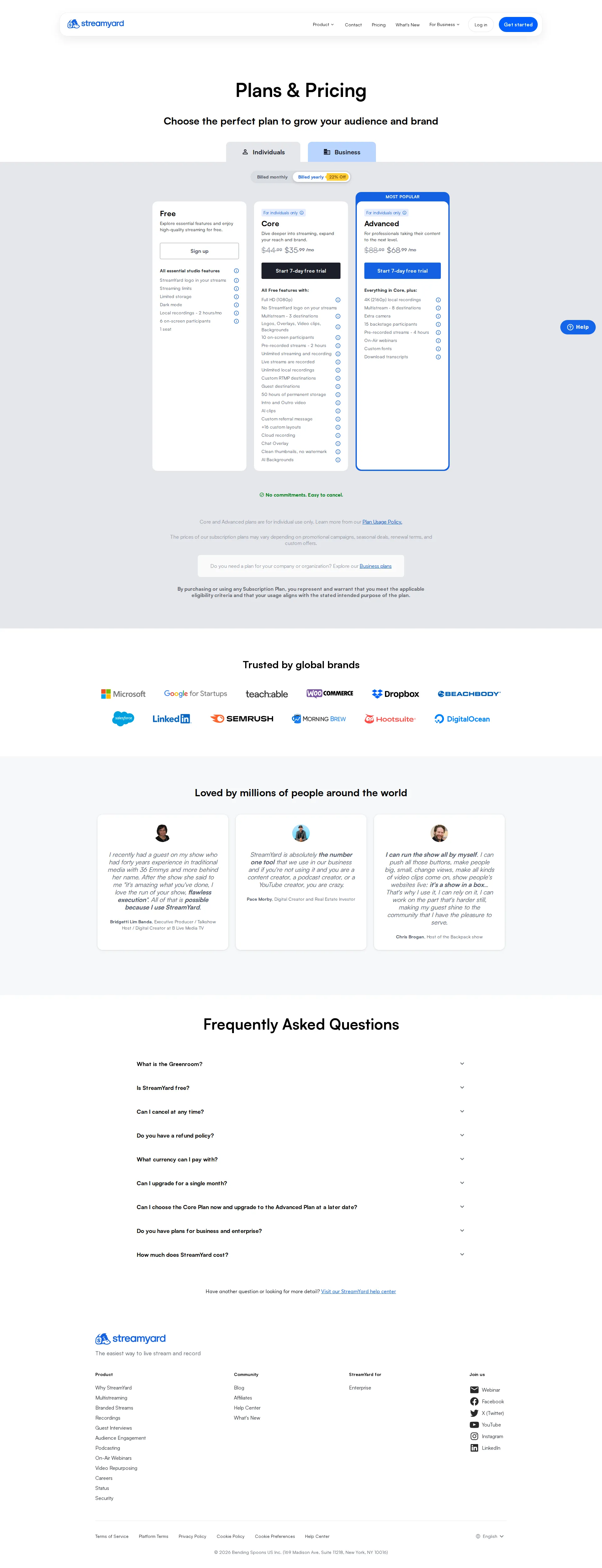 StreamYard pricing page screenshot
