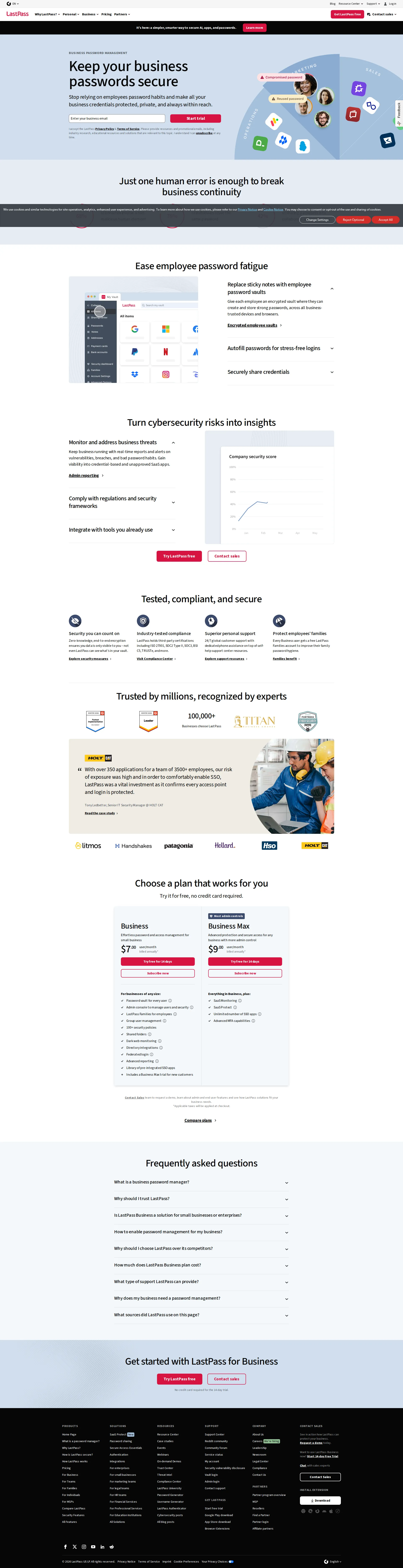 LastPass Business pricing page screenshot
