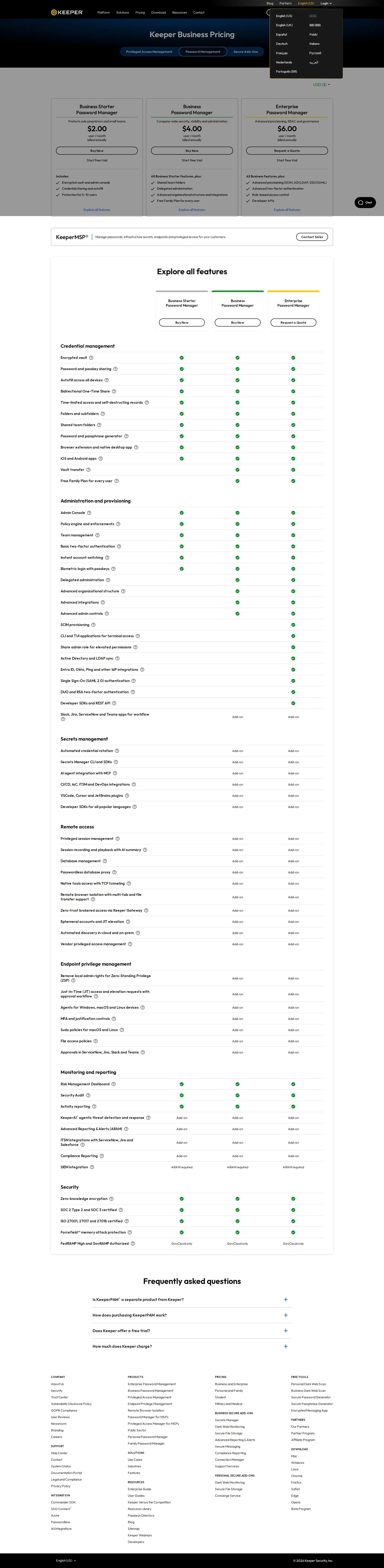 Keeper Enterprise pricing page screenshot