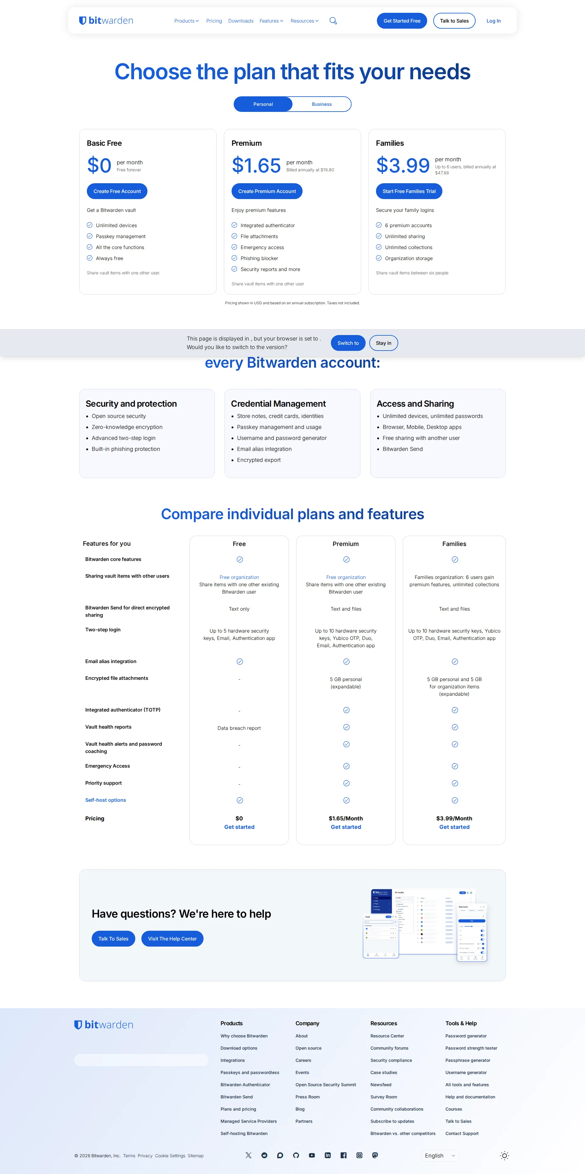 Bitwarden Business pricing page screenshot
