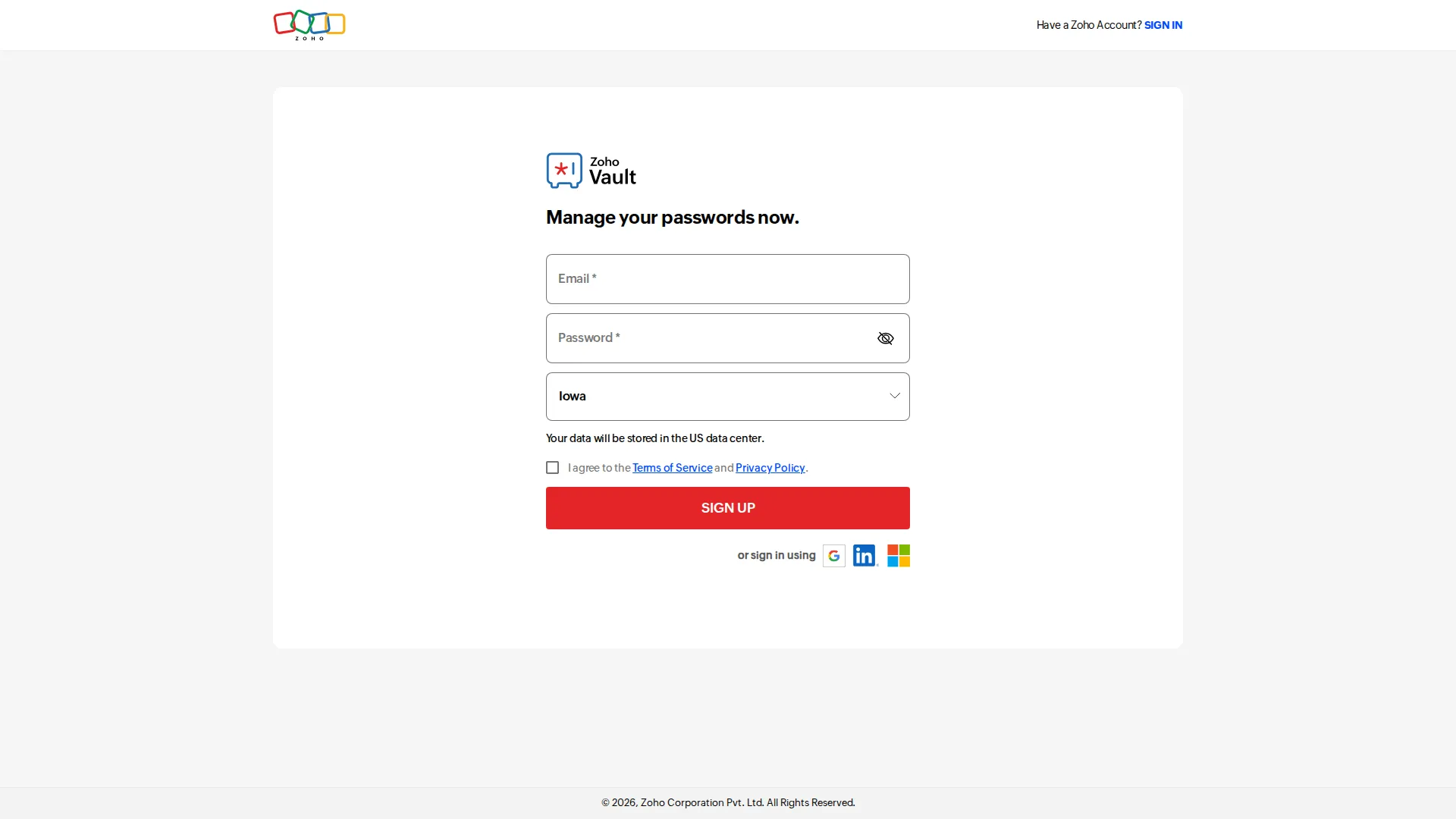 Zoho Vault pricing page screenshot