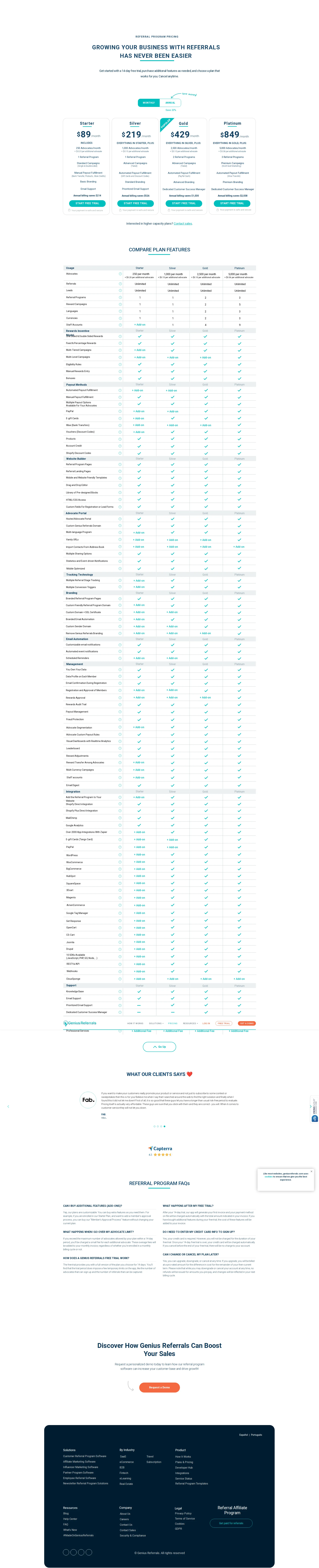 Genius Referrals pricing page screenshot