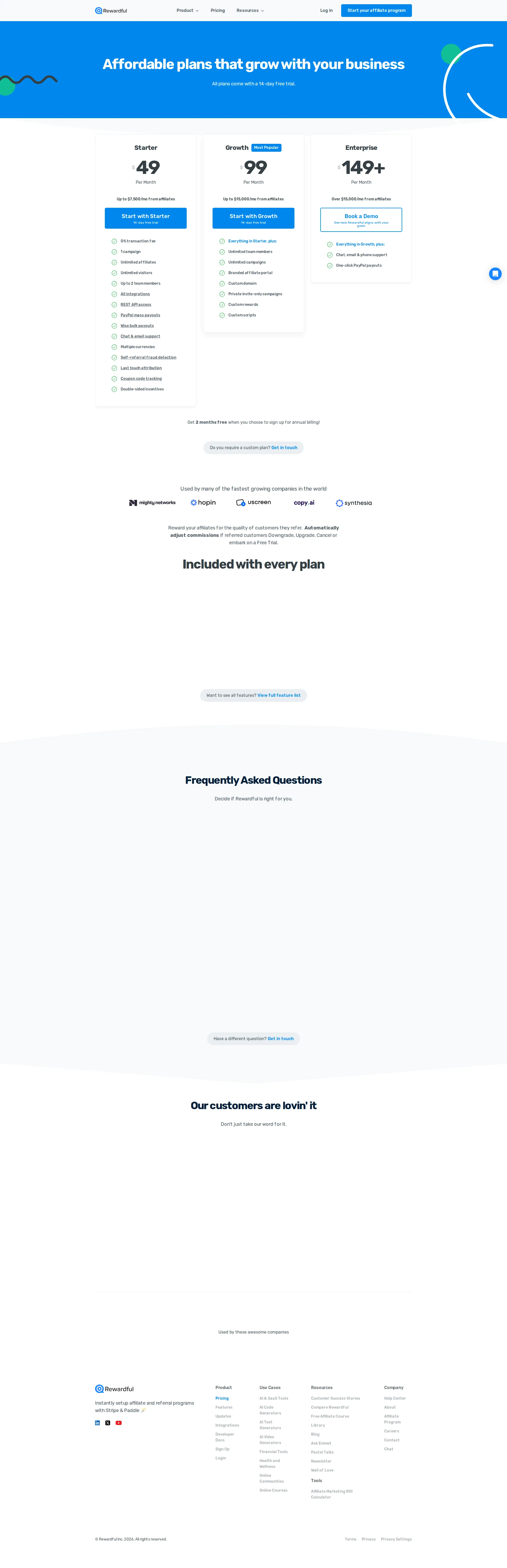 Rewardful Pro pricing page screenshot