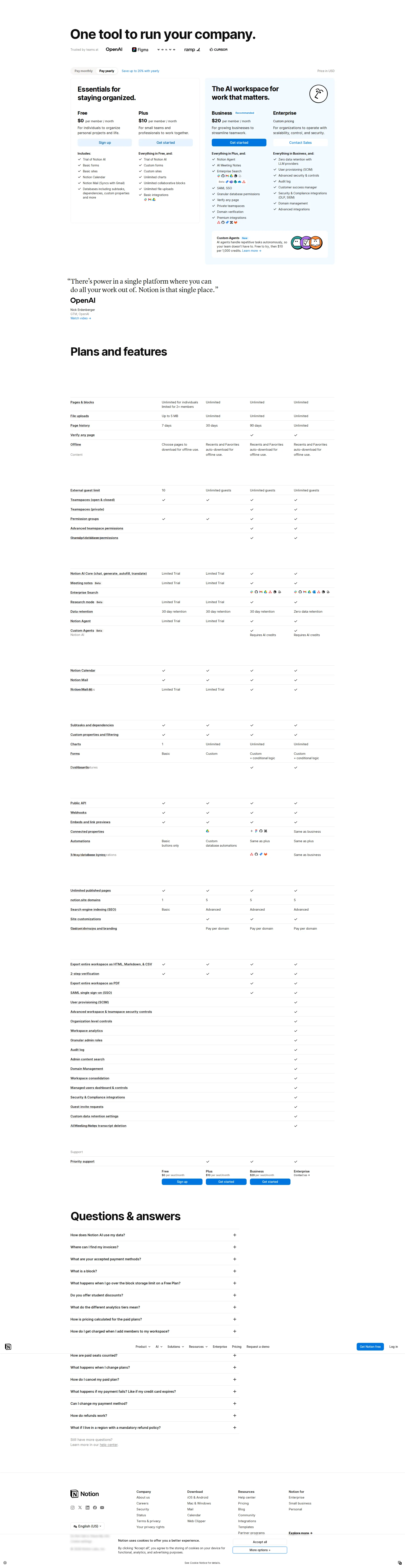 Notion pricing page screenshot