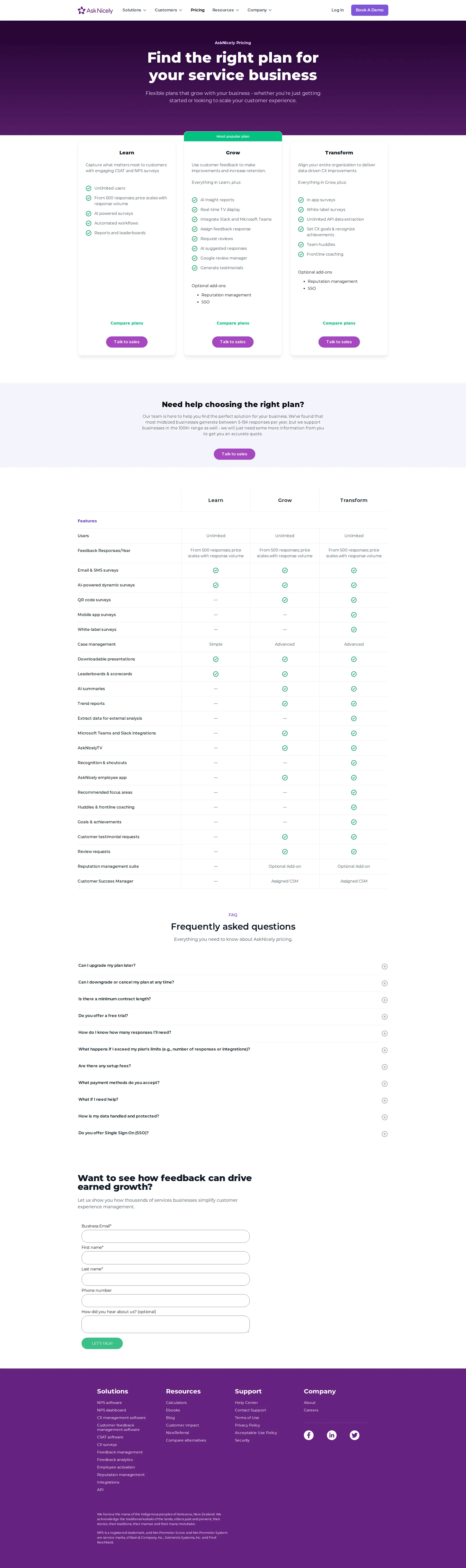 AskNicely pricing page screenshot