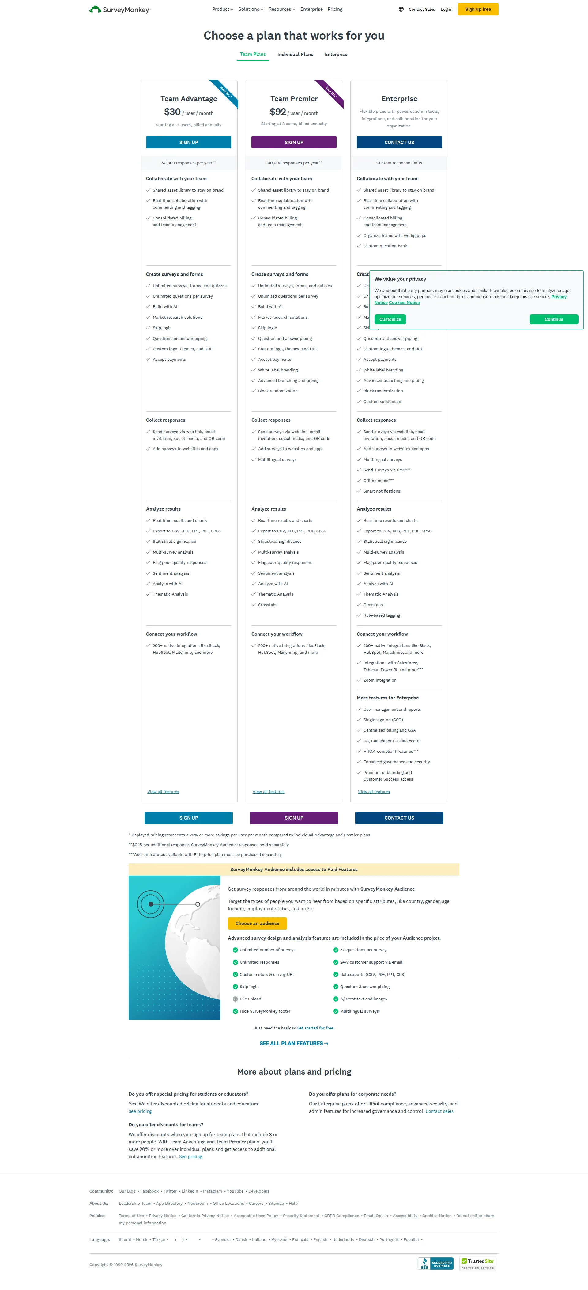 SurveyMonkey pricing page screenshot