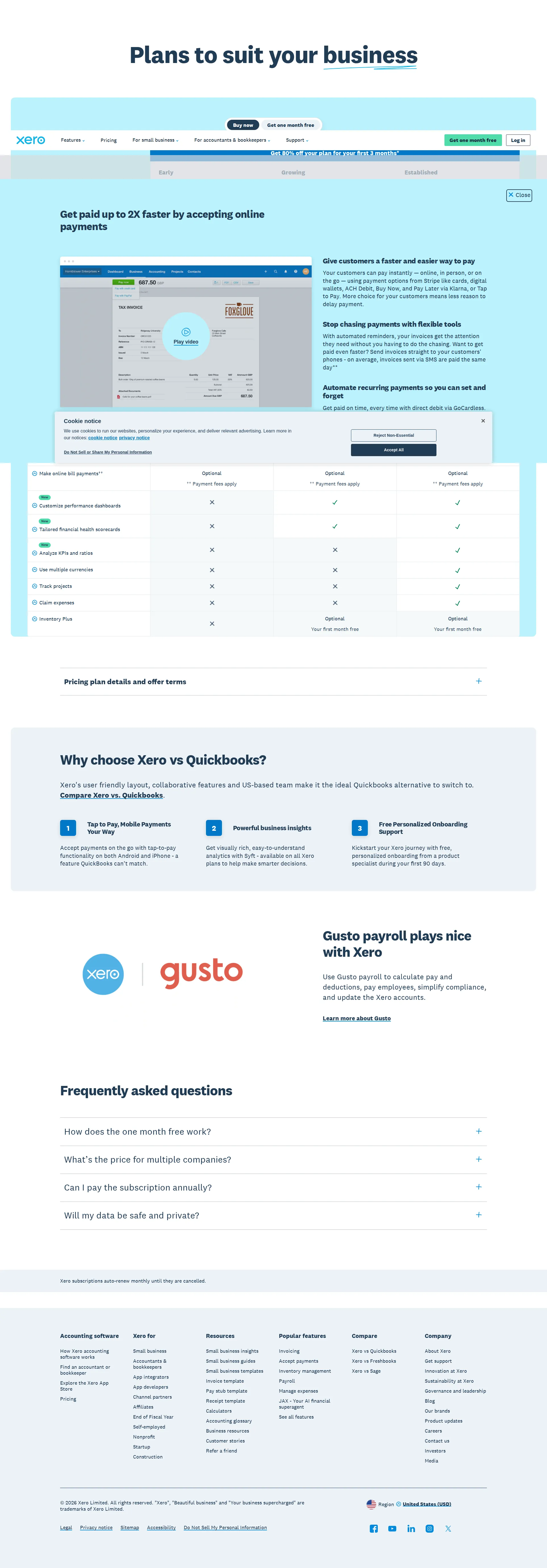 Xero pricing page screenshot