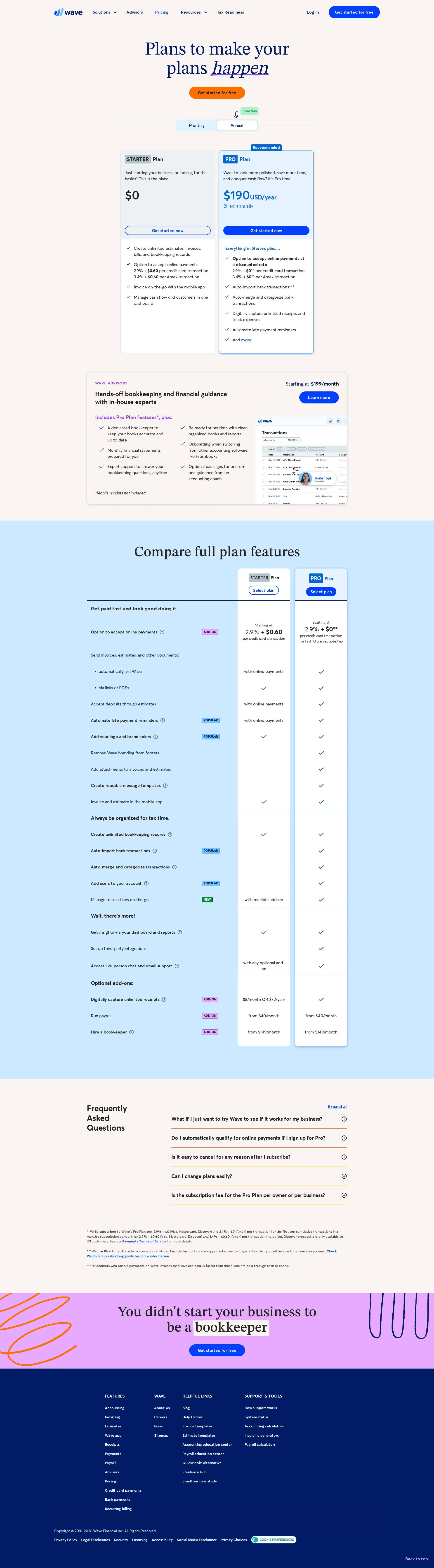 Wave Accounting pricing page screenshot