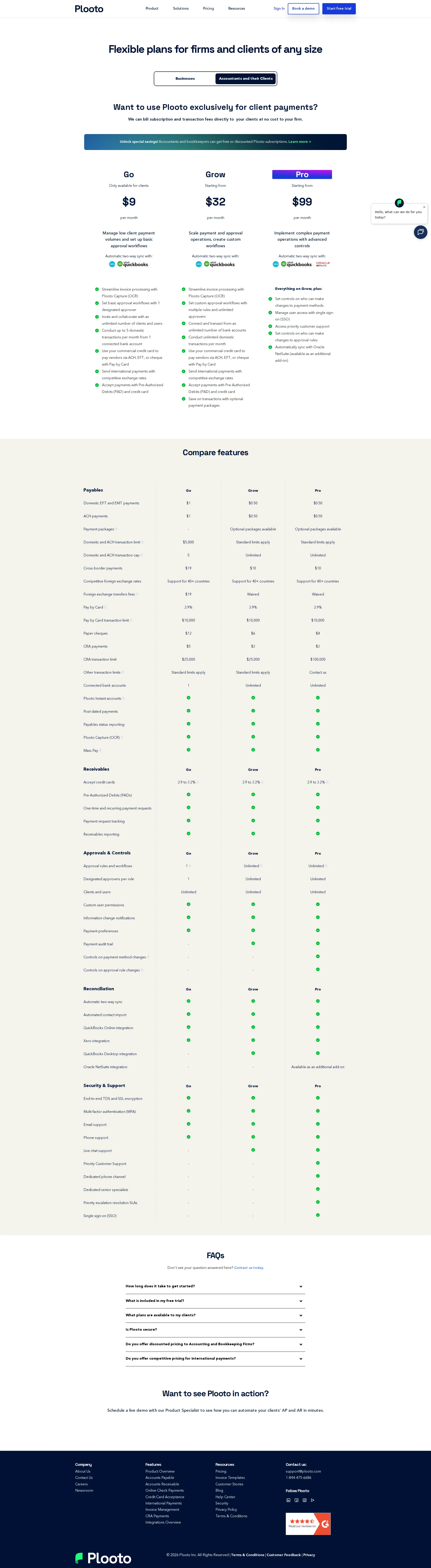 Plooto Payments pricing page screenshot