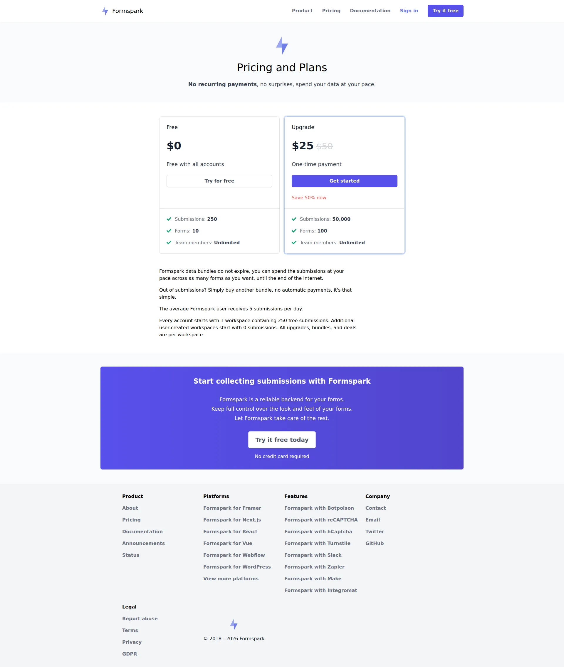 Formspark pricing page screenshot