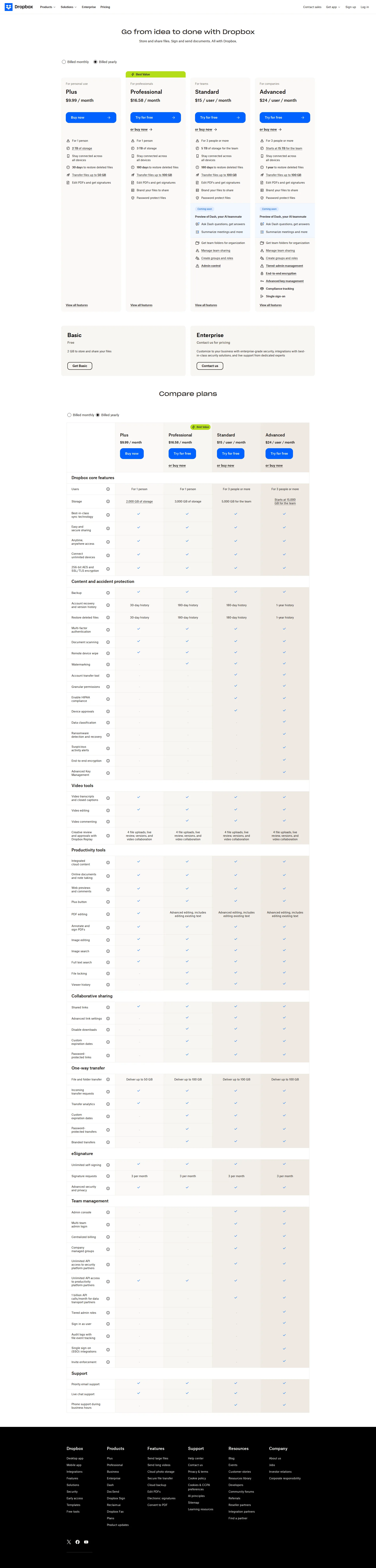 Dropbox pricing page screenshot