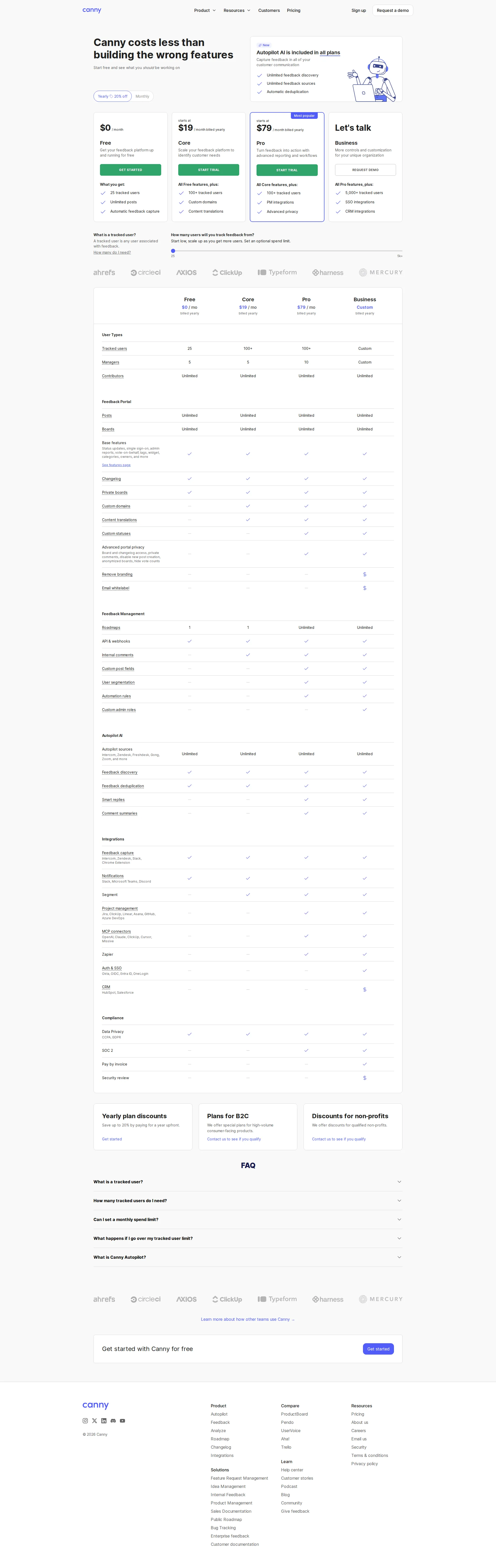 Canny Feedback pricing page screenshot