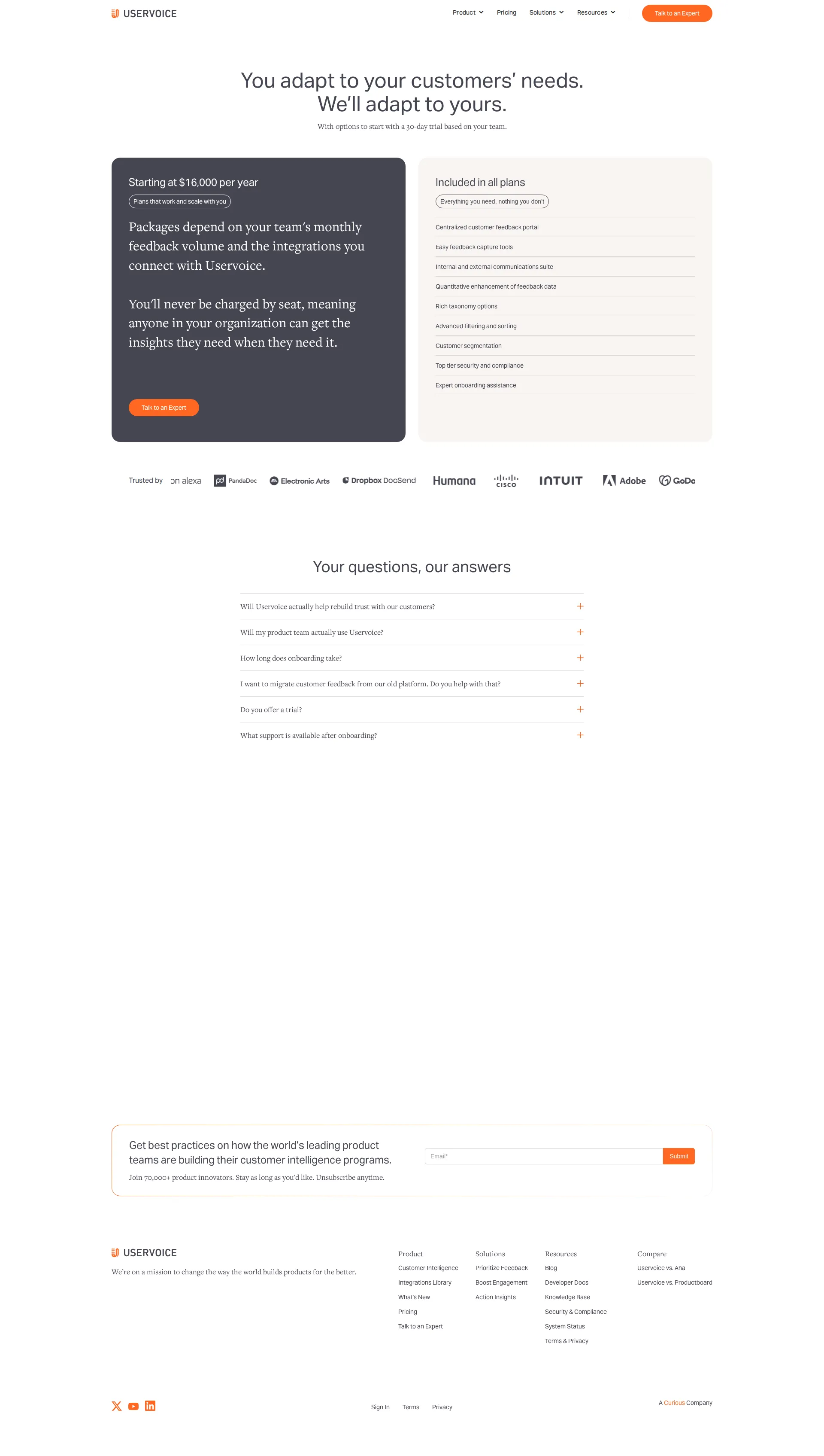 UserVoice Pro pricing page screenshot