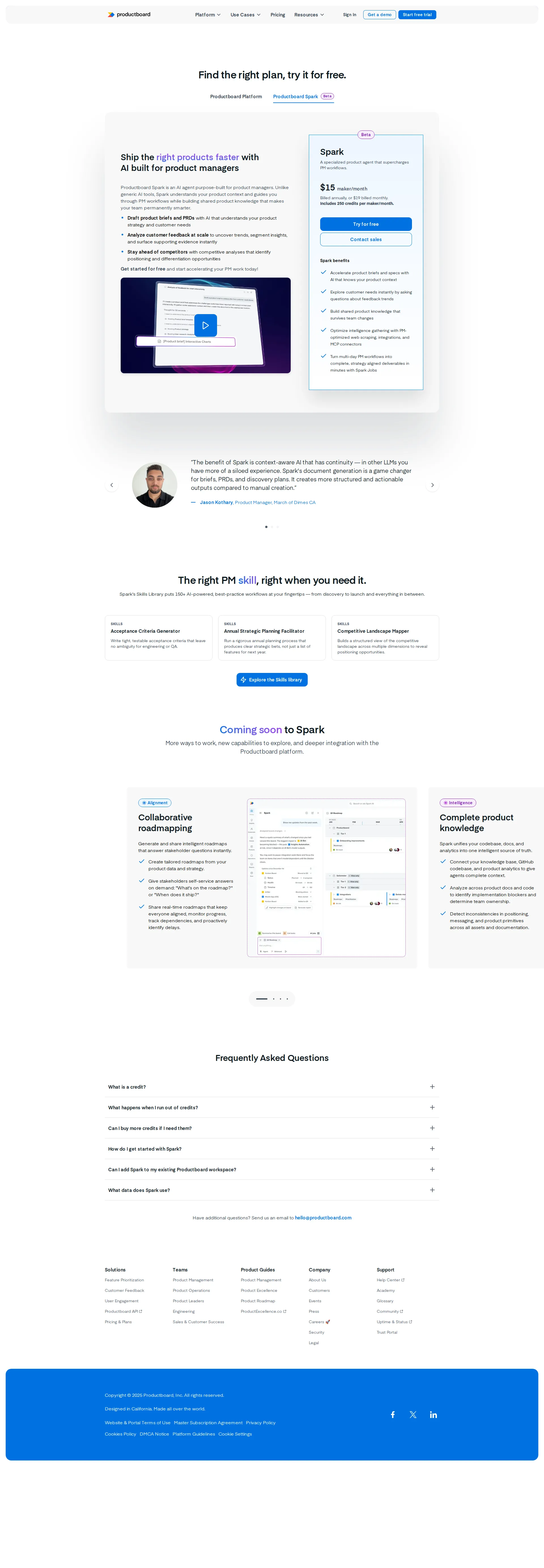 Productboard Feedback pricing page screenshot