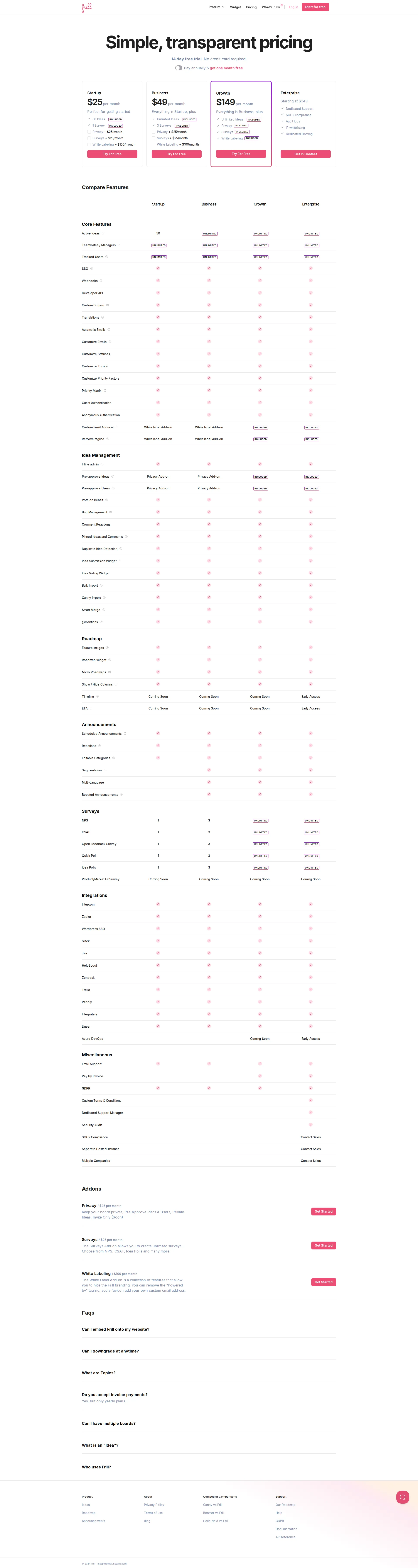 Frill pricing page screenshot