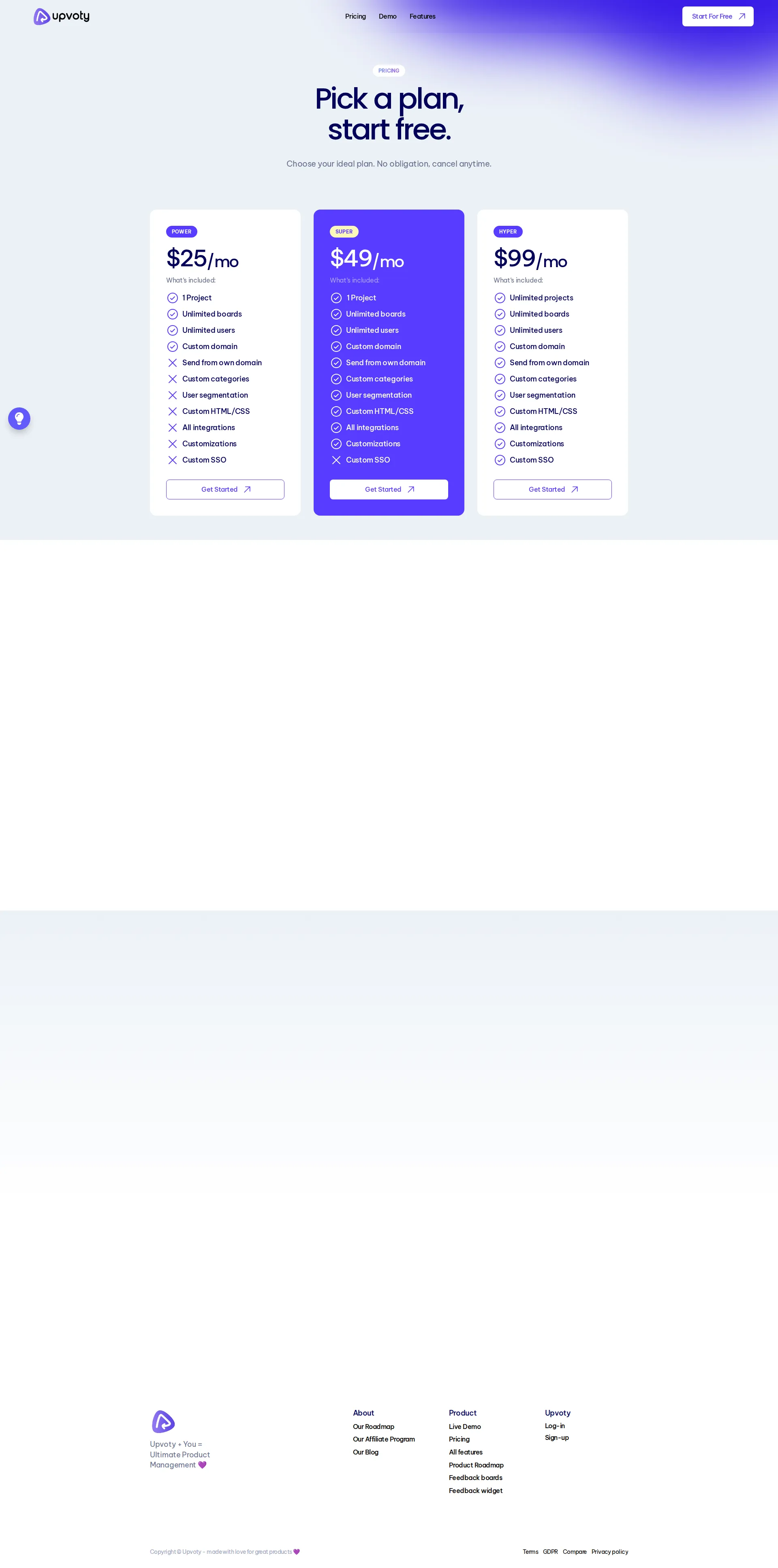 Upvoty Pro pricing page screenshot