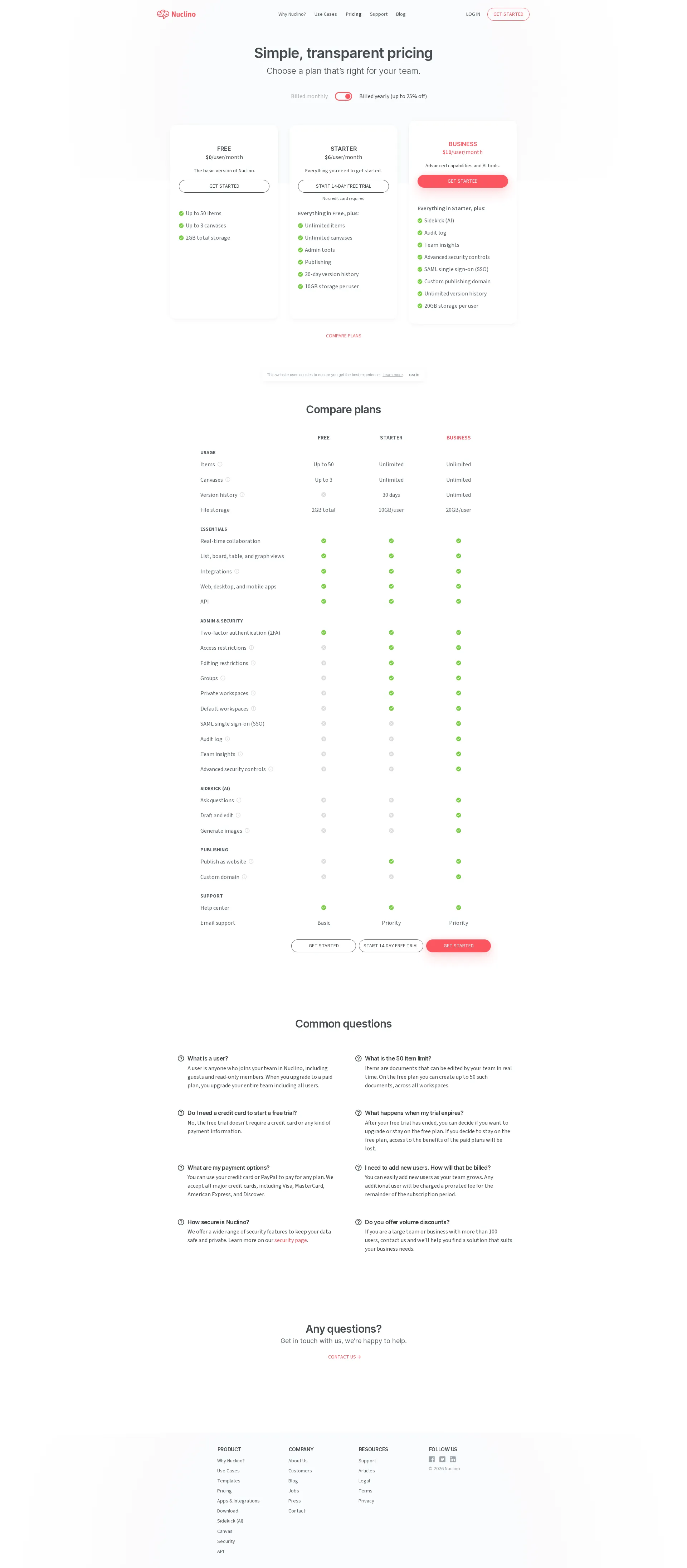 Nuclino Docs pricing page screenshot