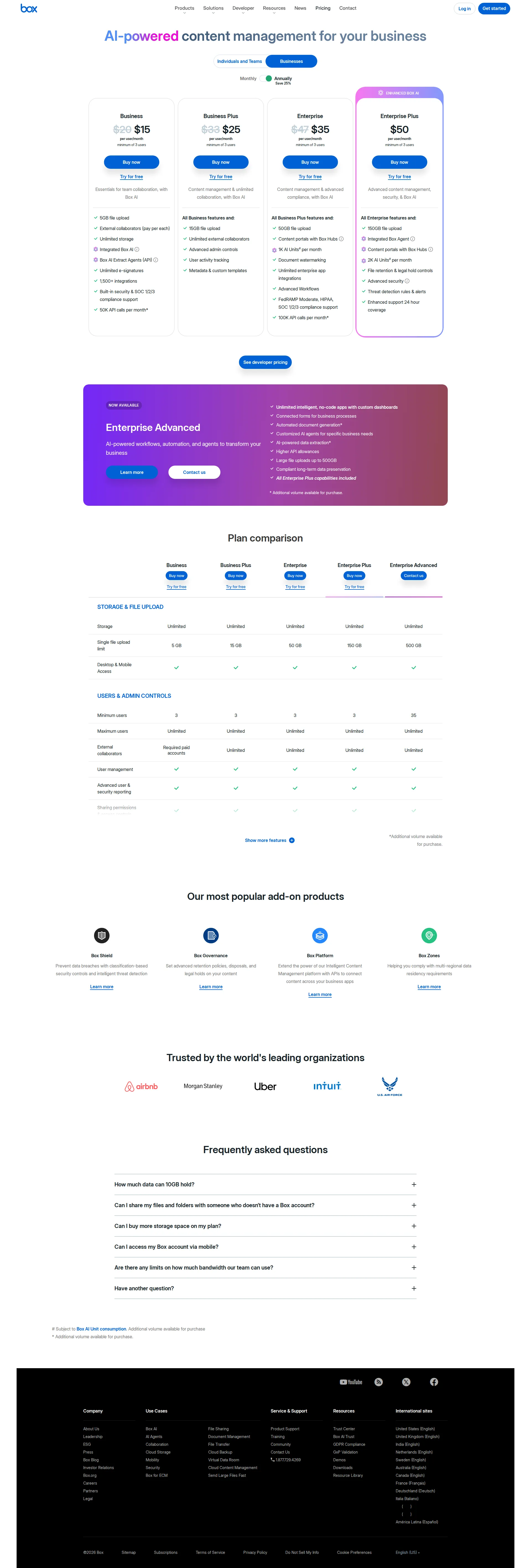 Box pricing page screenshot