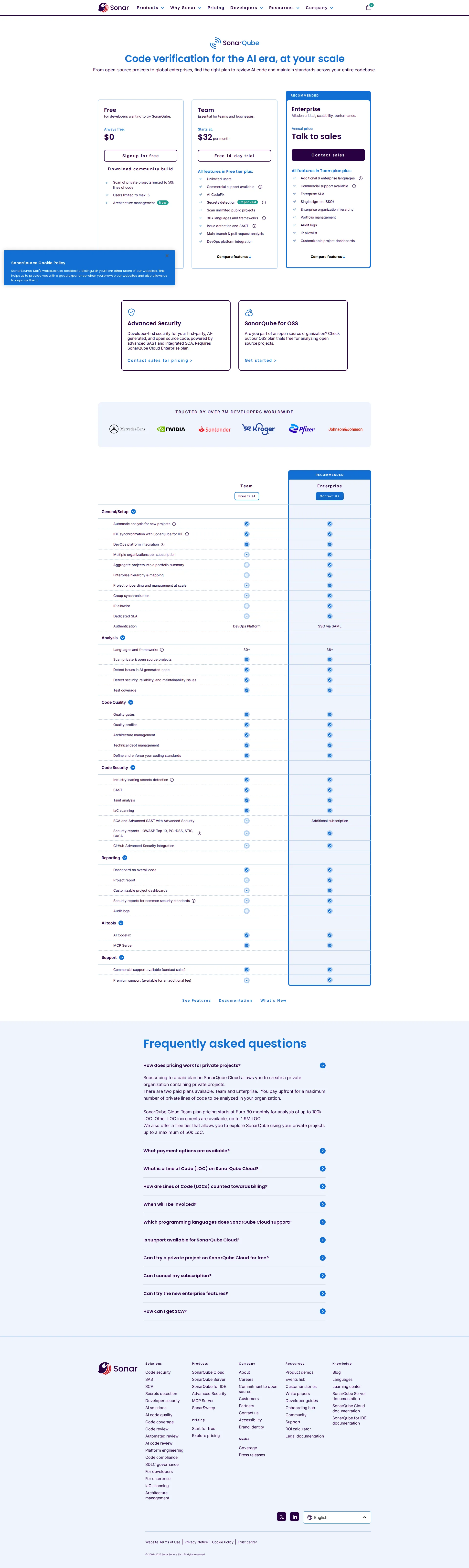 SonarQube Security pricing page screenshot