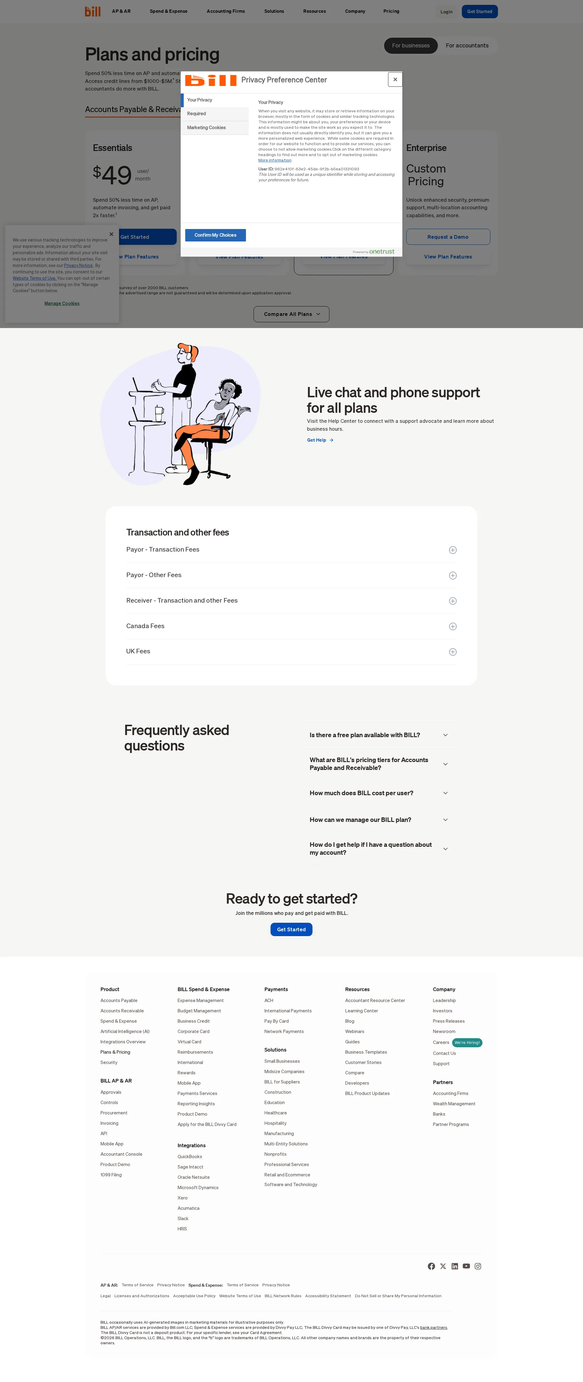 Bill.com pricing page screenshot