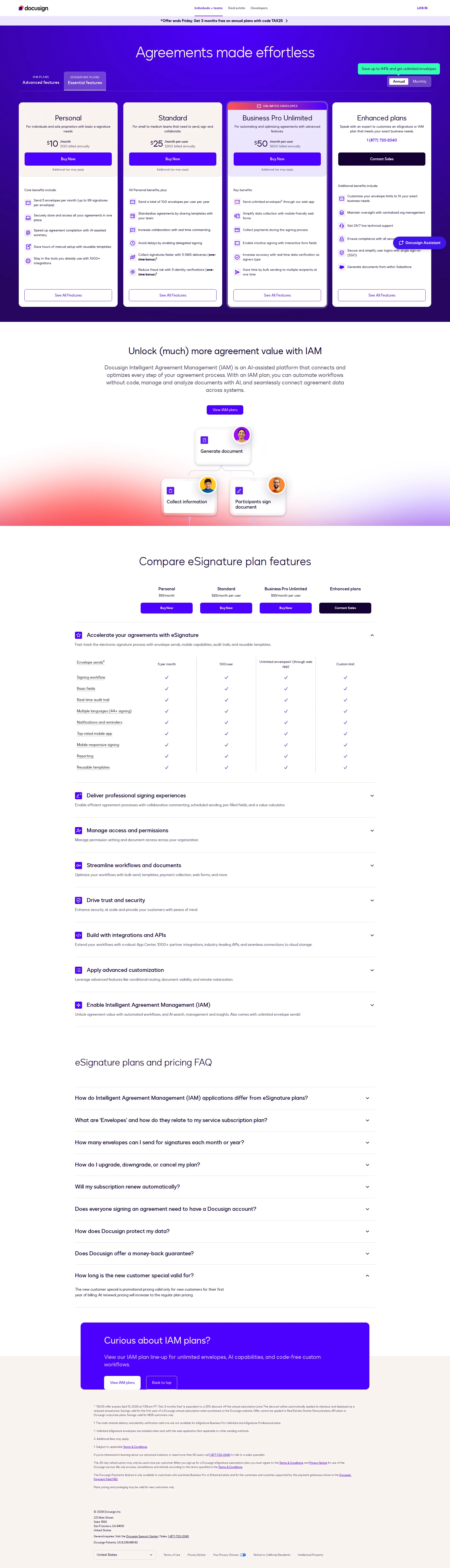 DocuSign pricing page screenshot
