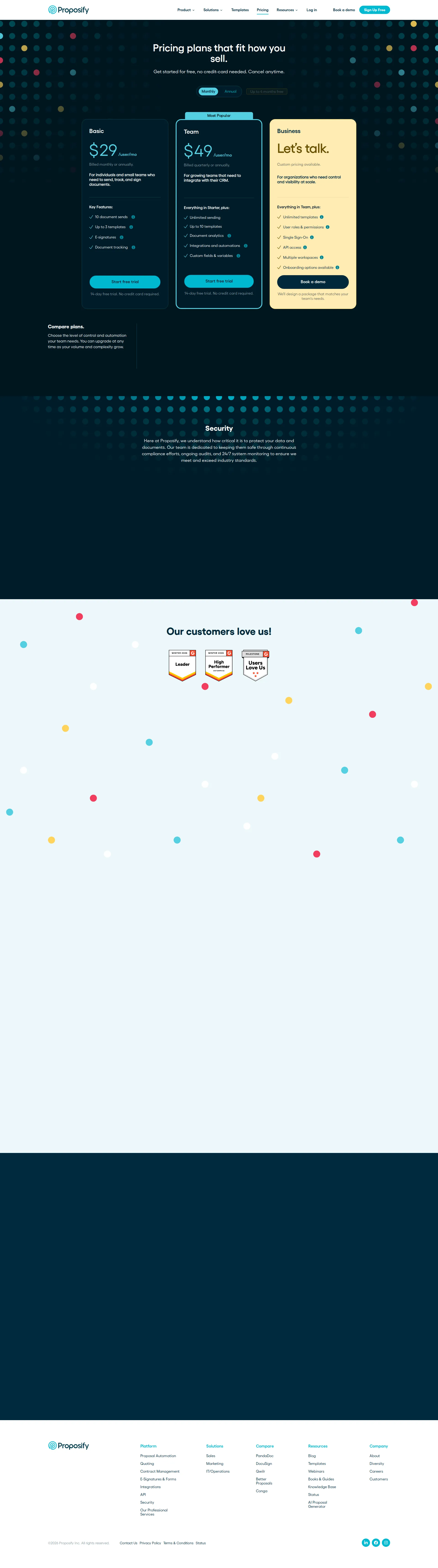 Proposify pricing page screenshot