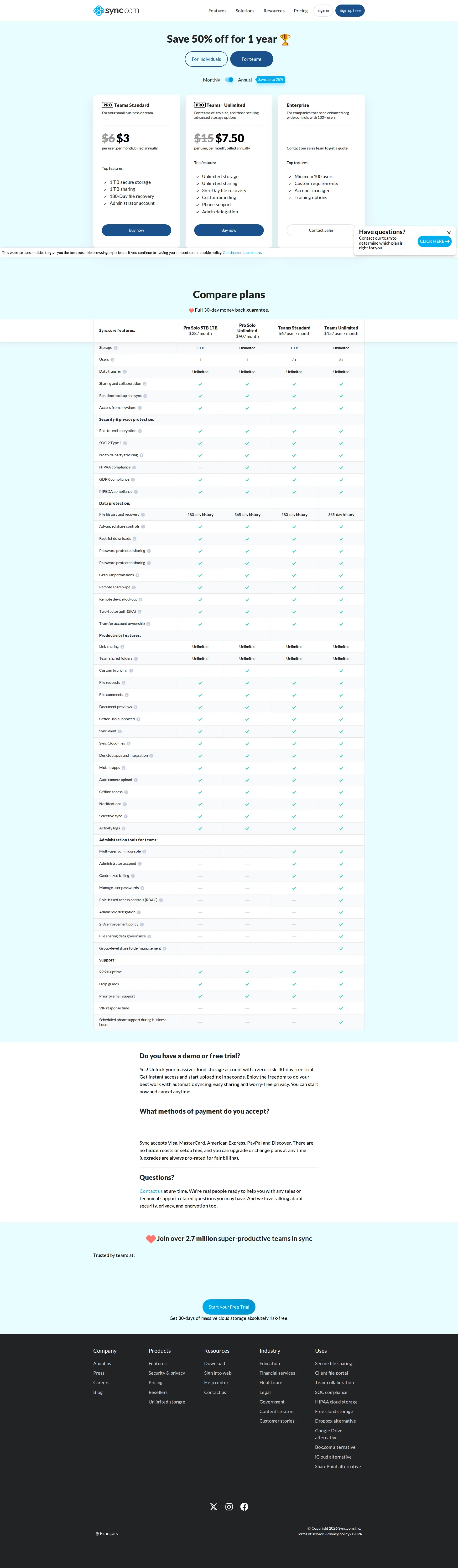 Sync.com pricing page screenshot