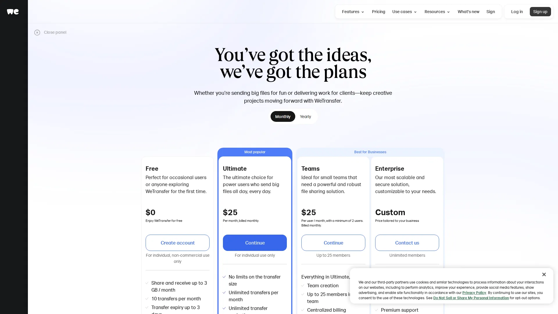 WeTransfer pricing page screenshot