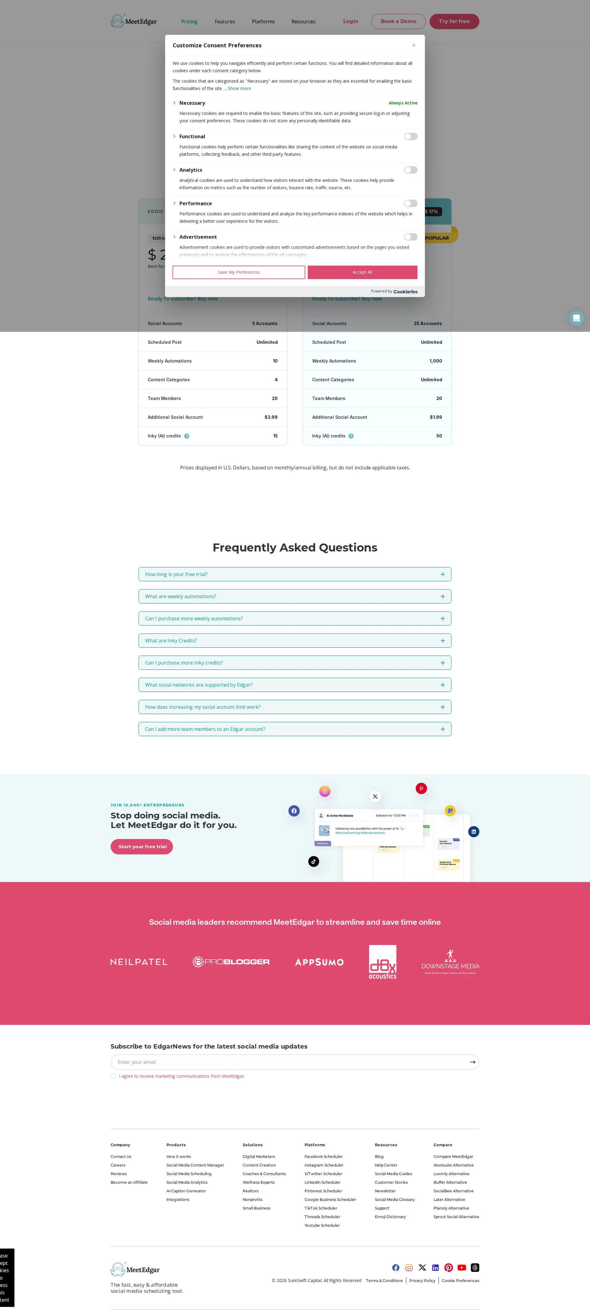 MeetEdgar pricing page screenshot