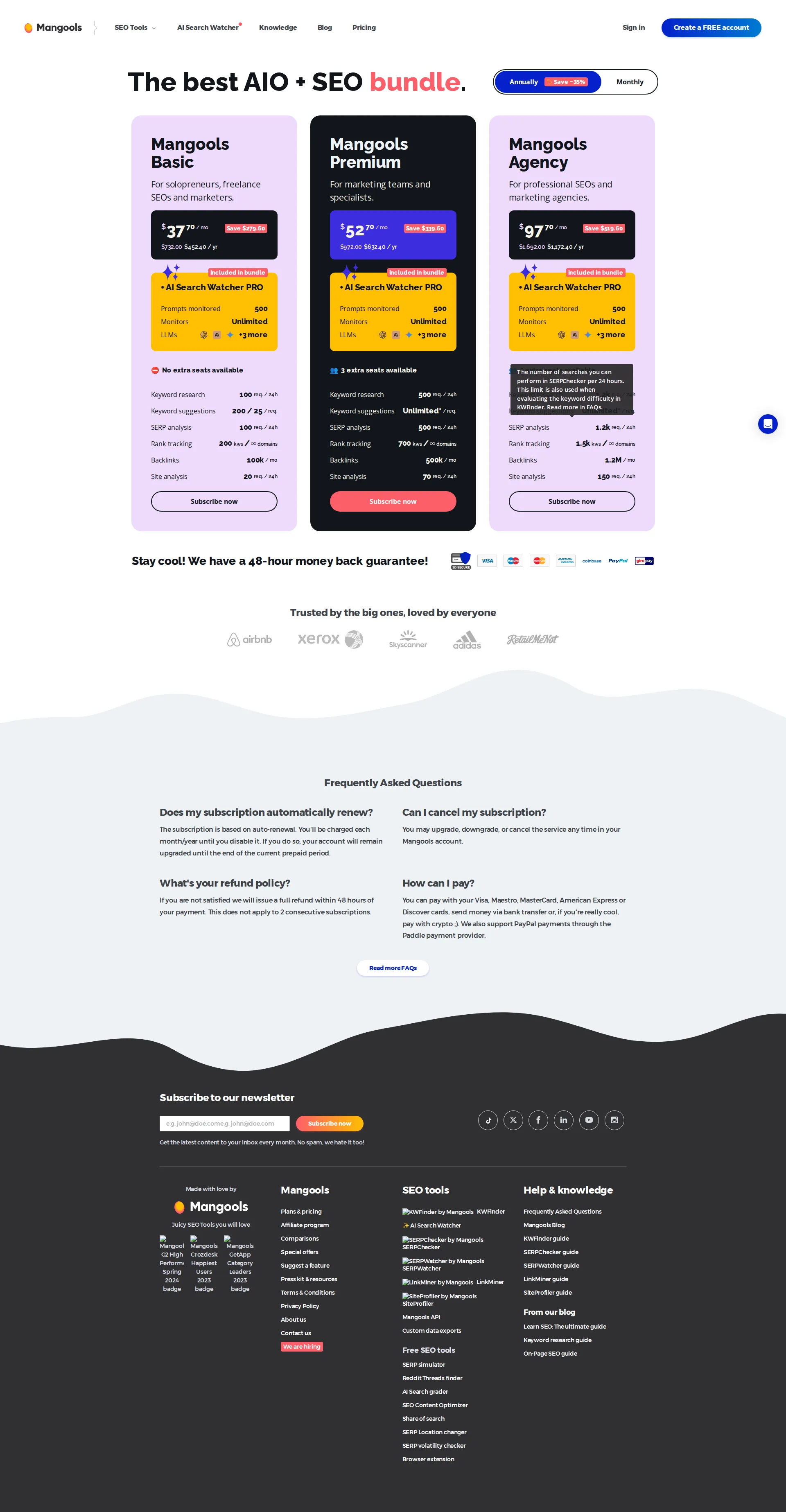 Mangools pricing page screenshot