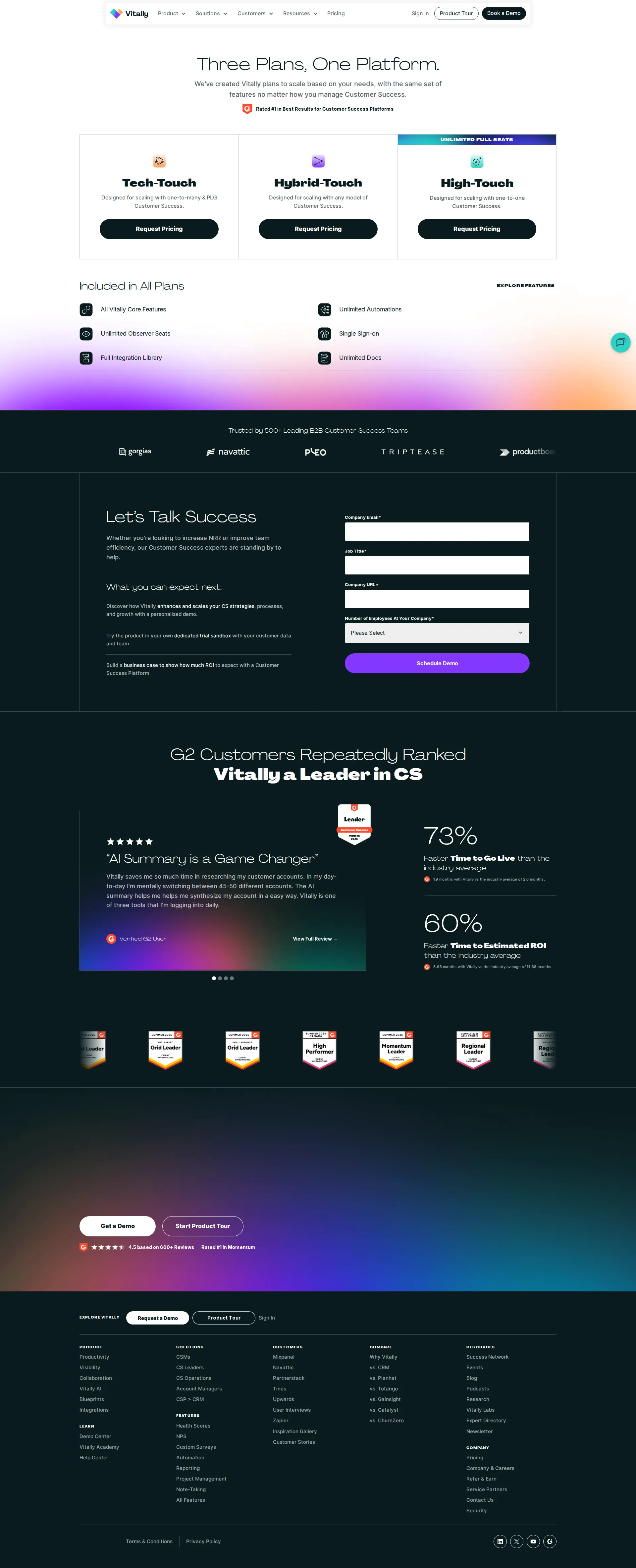 Vitally pricing page screenshot