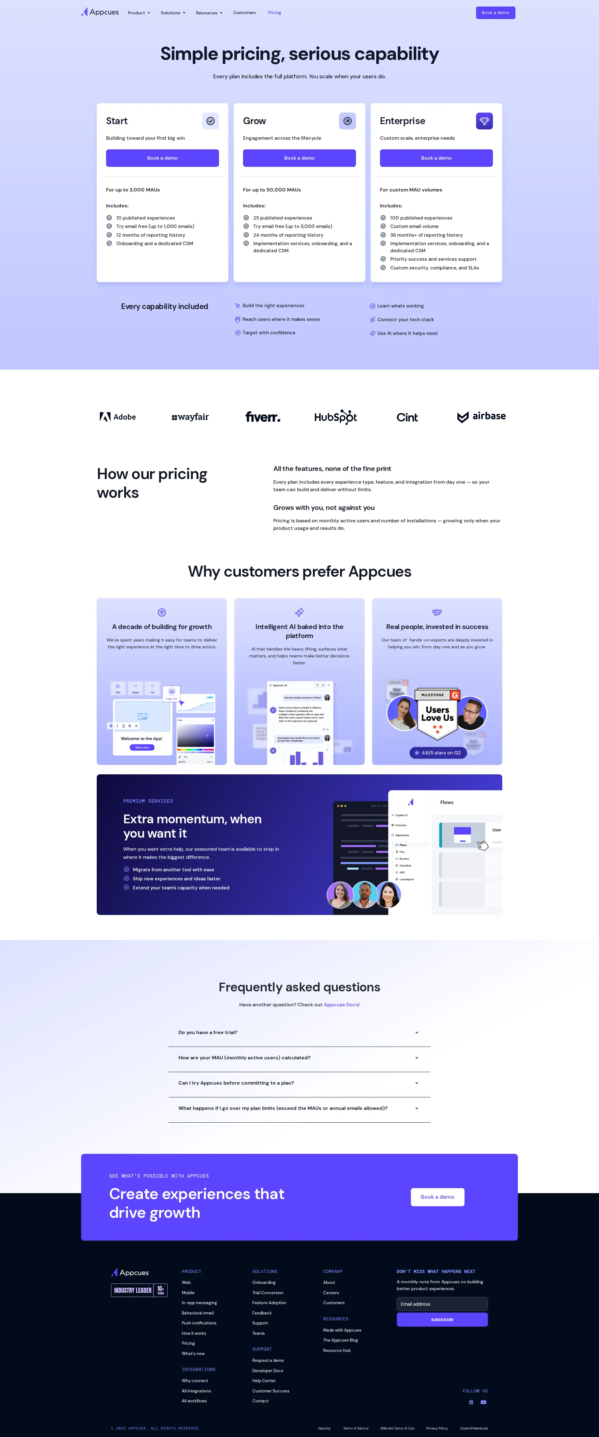 Appcues pricing page screenshot
