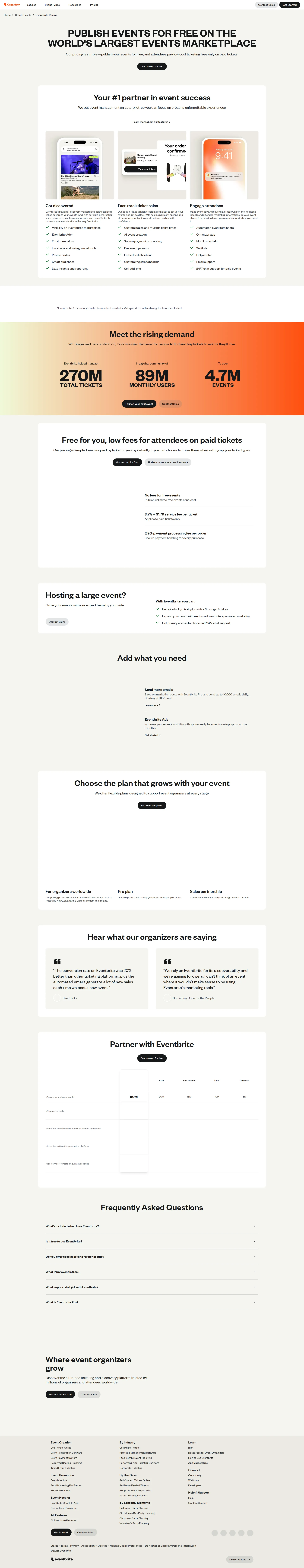 Eventbrite pricing page screenshot