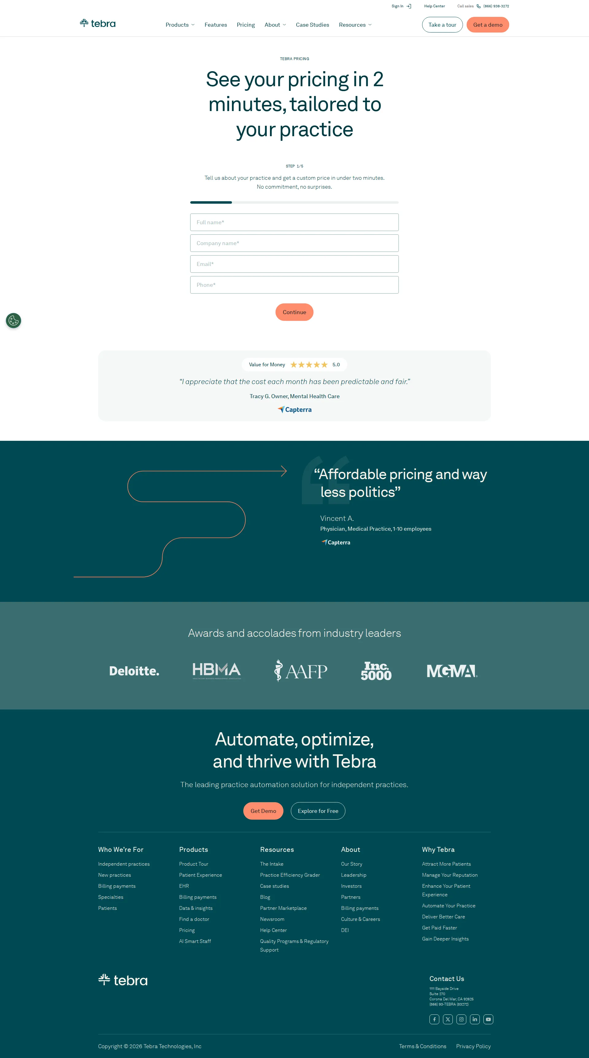 Tebra pricing page screenshot