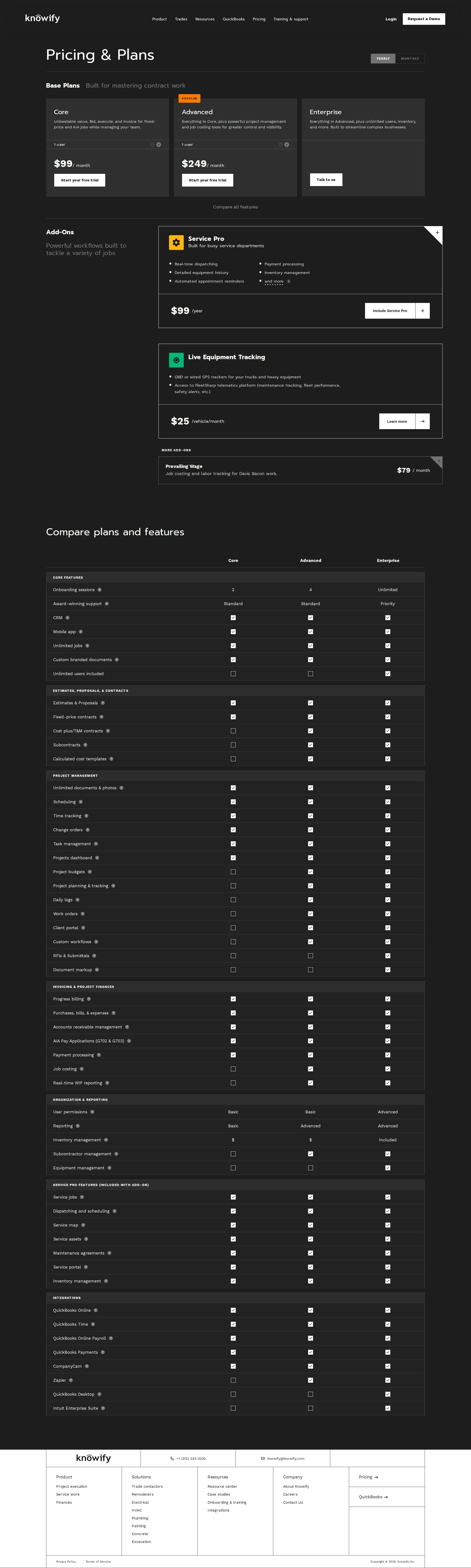 Knowify Pro pricing page screenshot