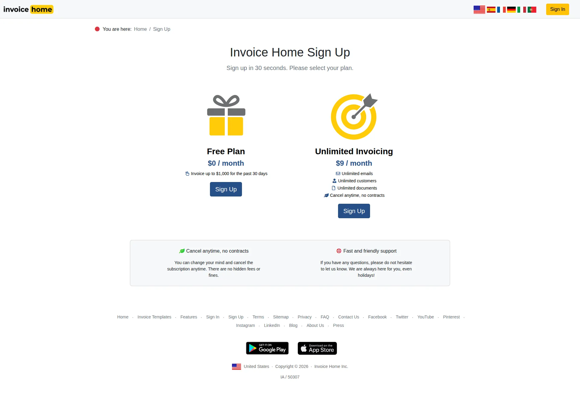Invoice Home pricing page screenshot