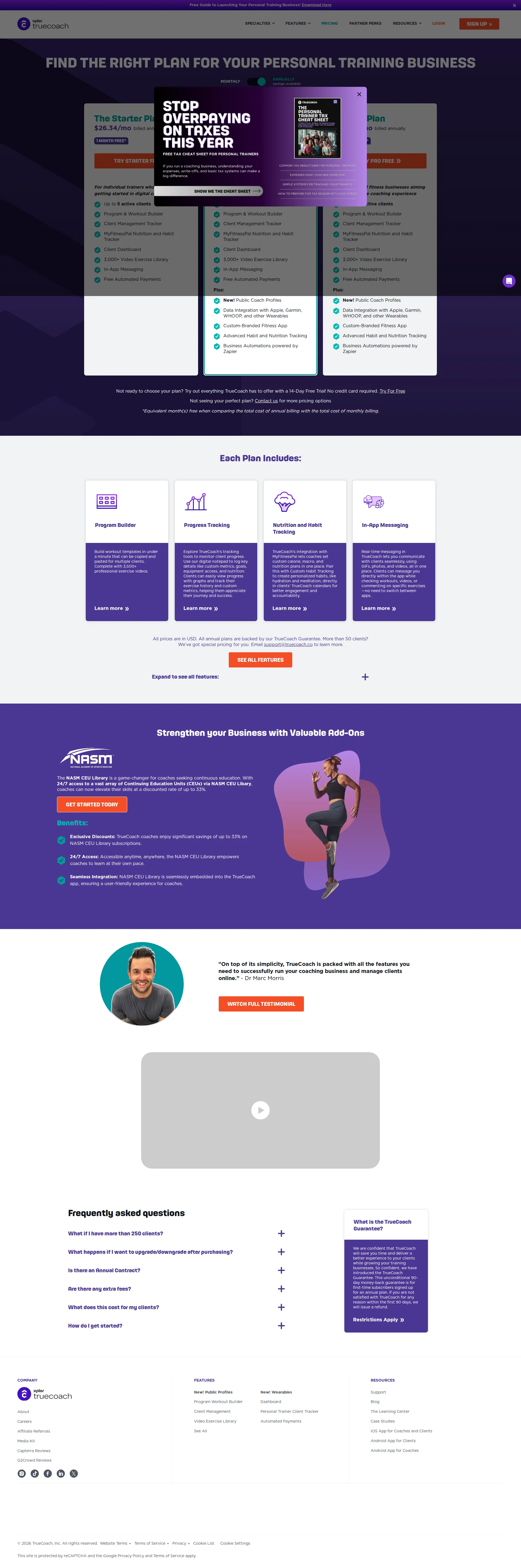 TrueCoach Pro pricing page screenshot