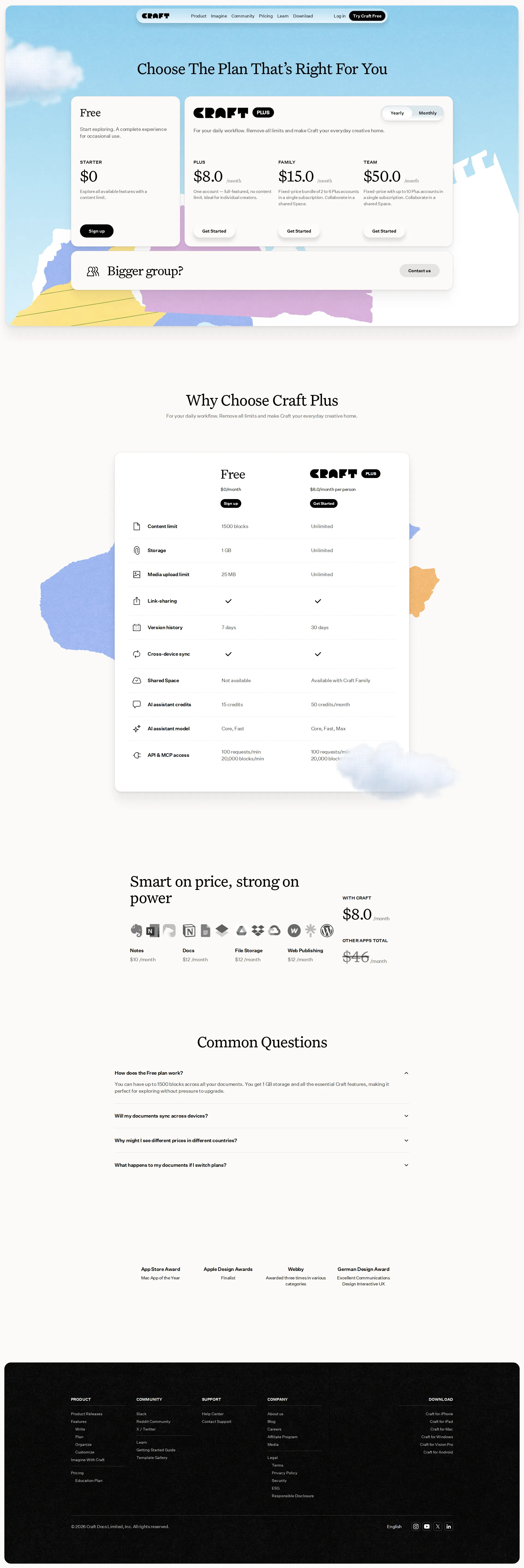 Craft pricing page screenshot
