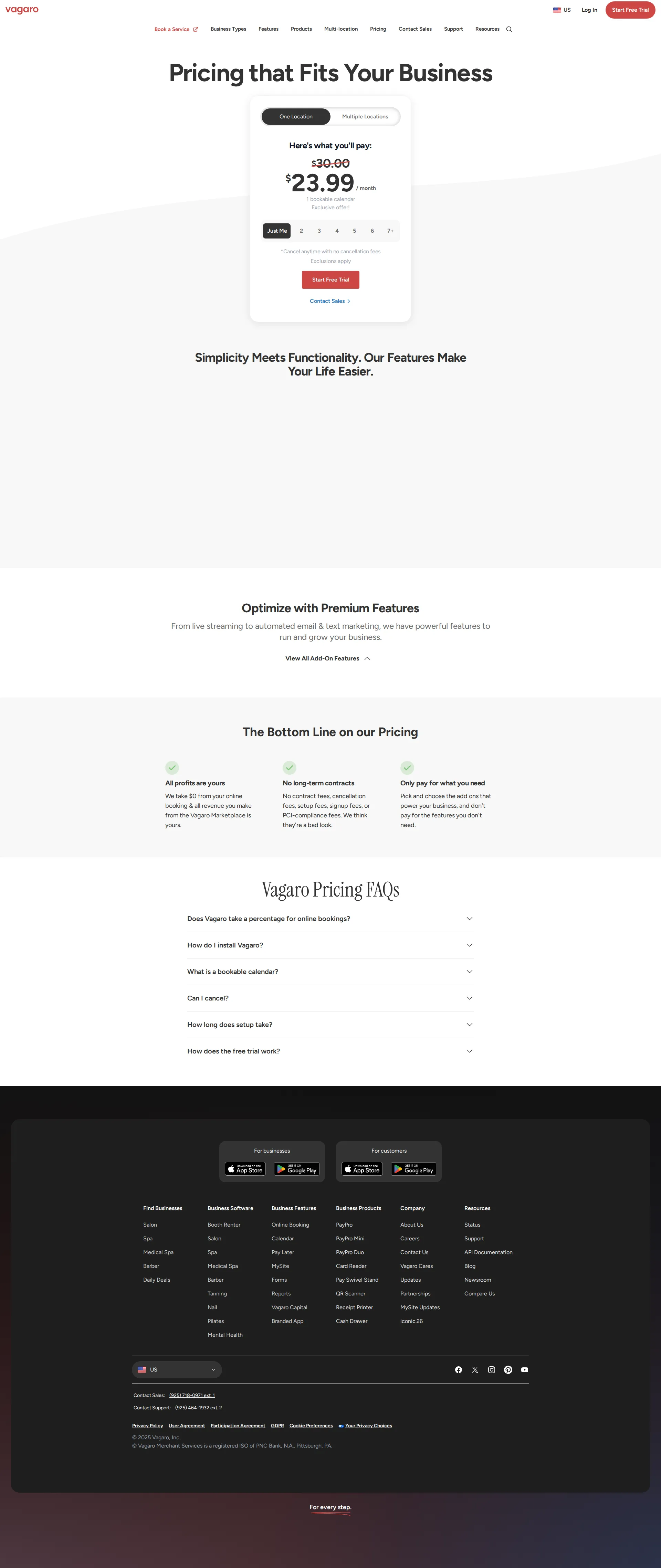 Vagaro Pro pricing page screenshot