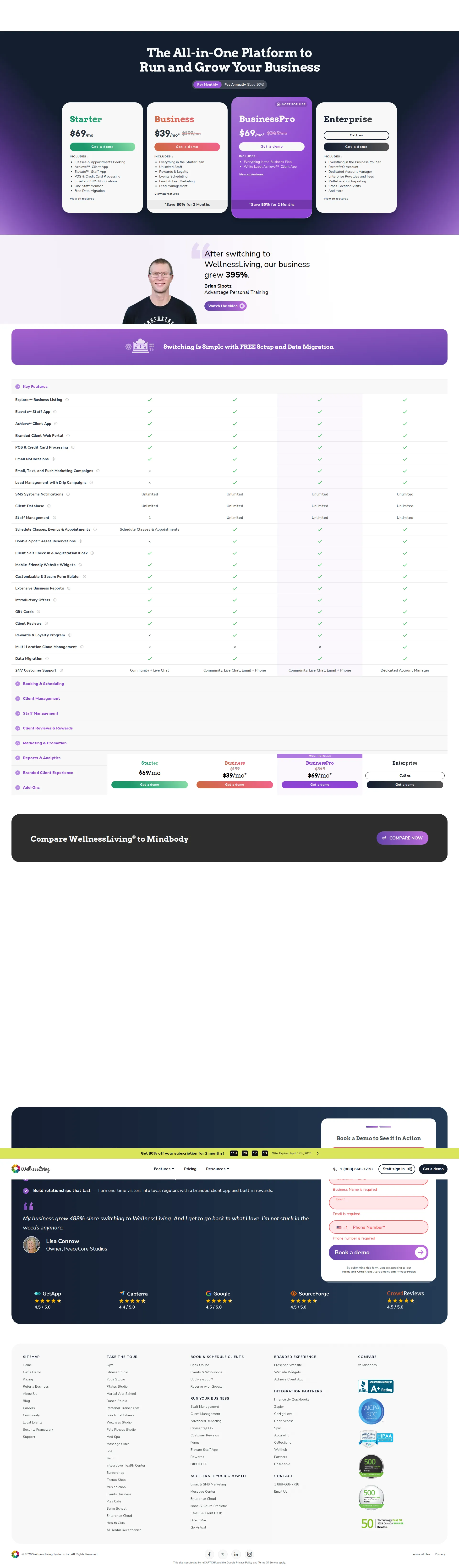 WellnessLiving Pro pricing page screenshot