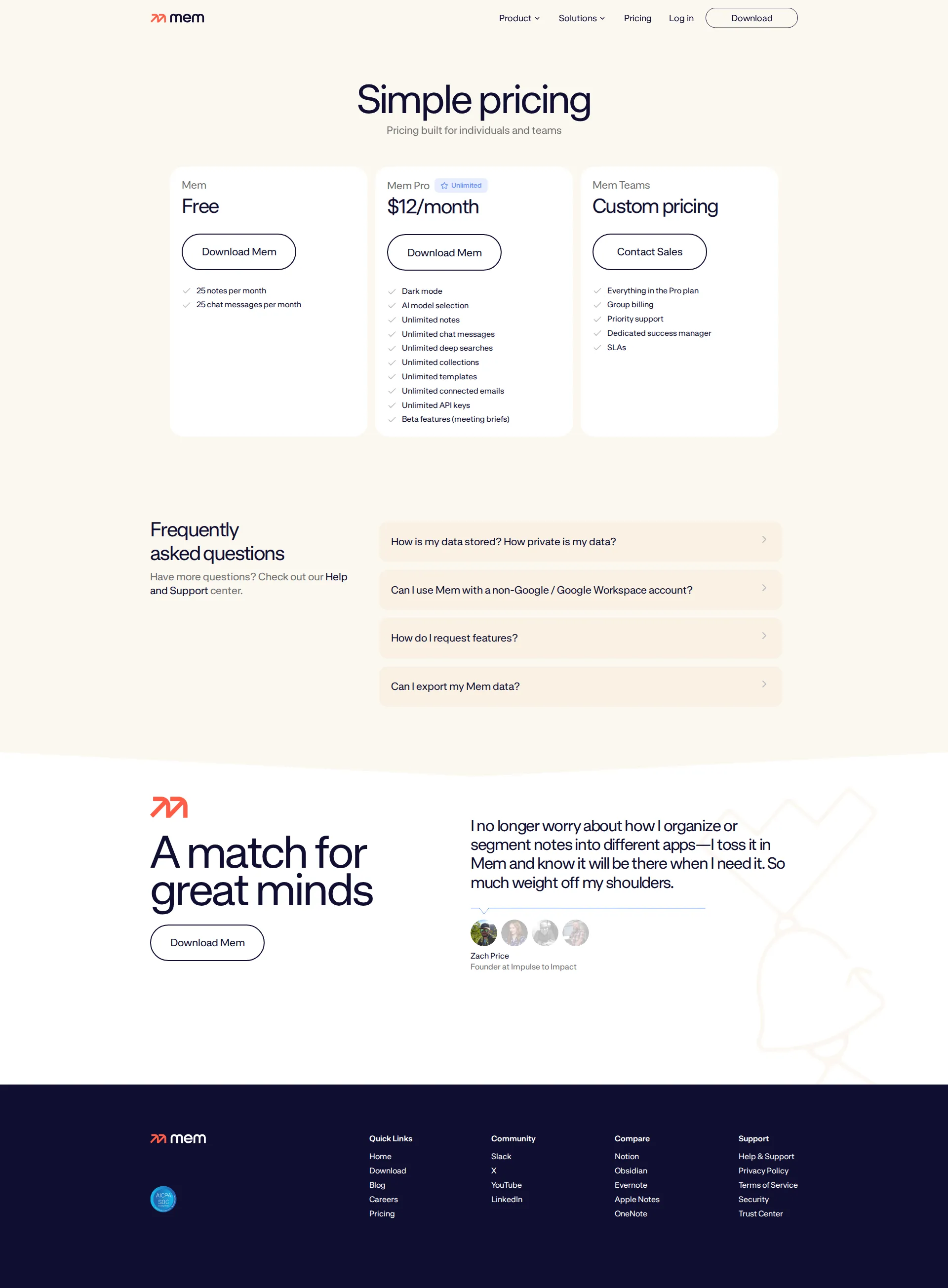 Mem pricing page screenshot