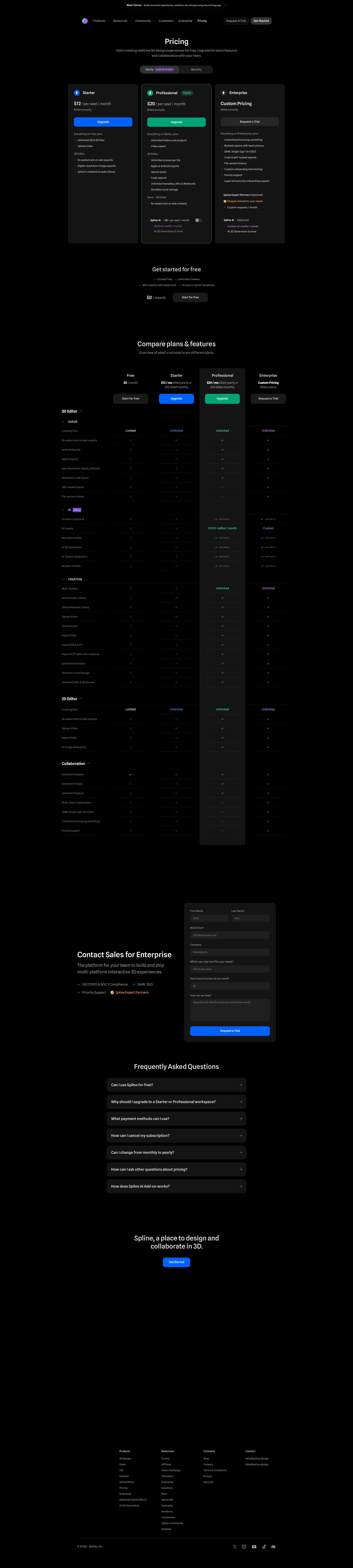 Spline pricing page screenshot
