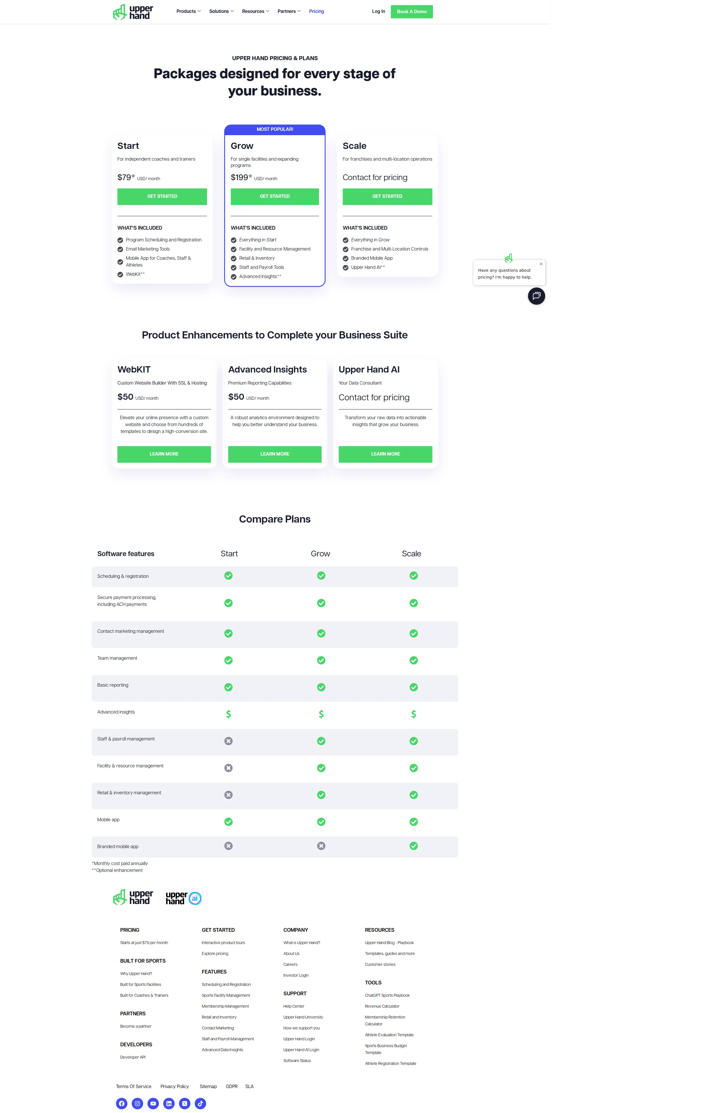 Upper Hand pricing page screenshot